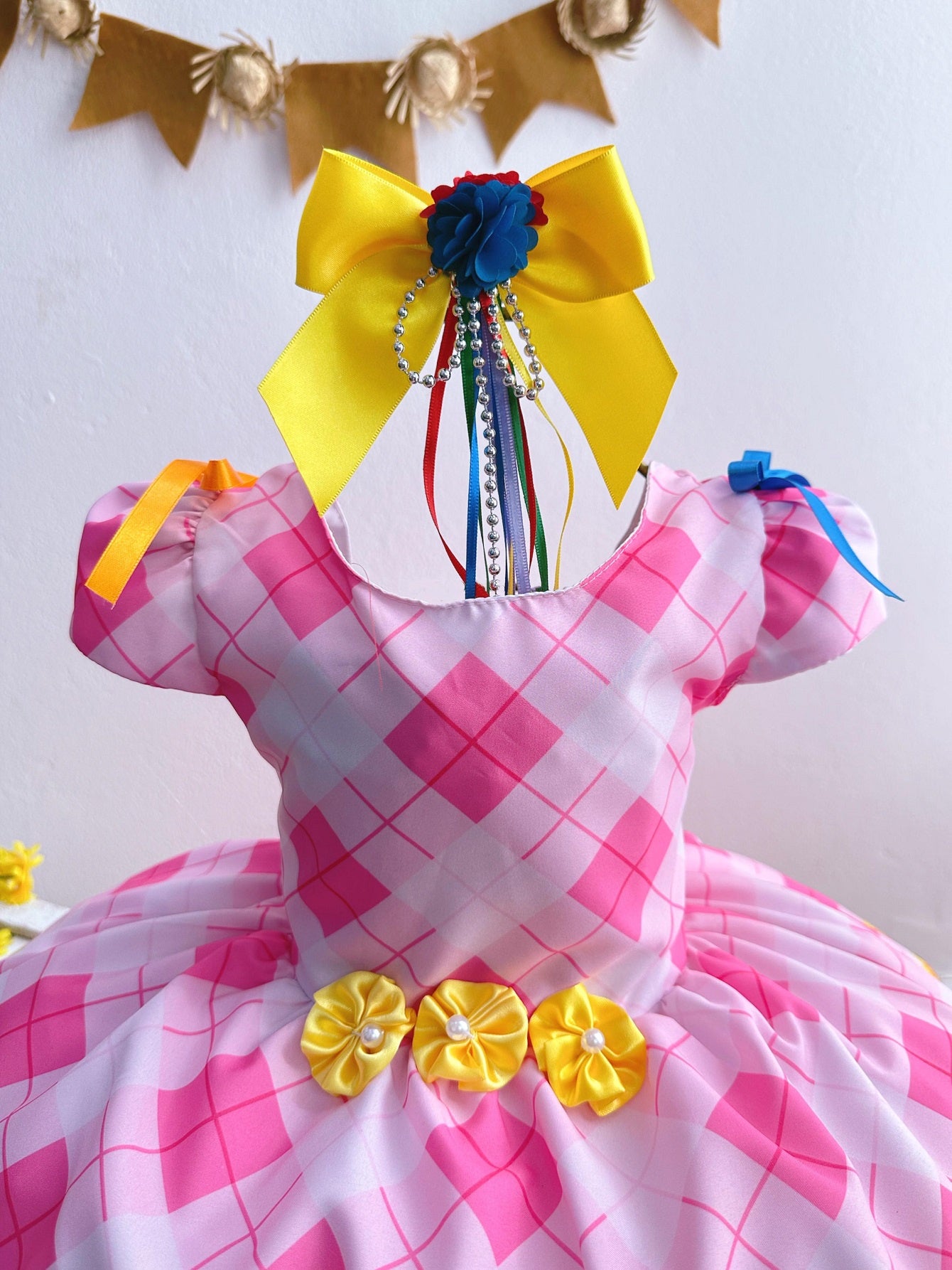 Vestido Infantil Junino Festa São João Xadrez Rosa Girassol