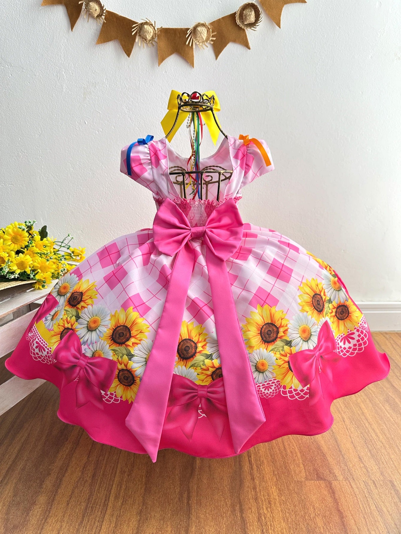 Vestido Infantil Junino Festa São João Xadrez Rosa Girassol