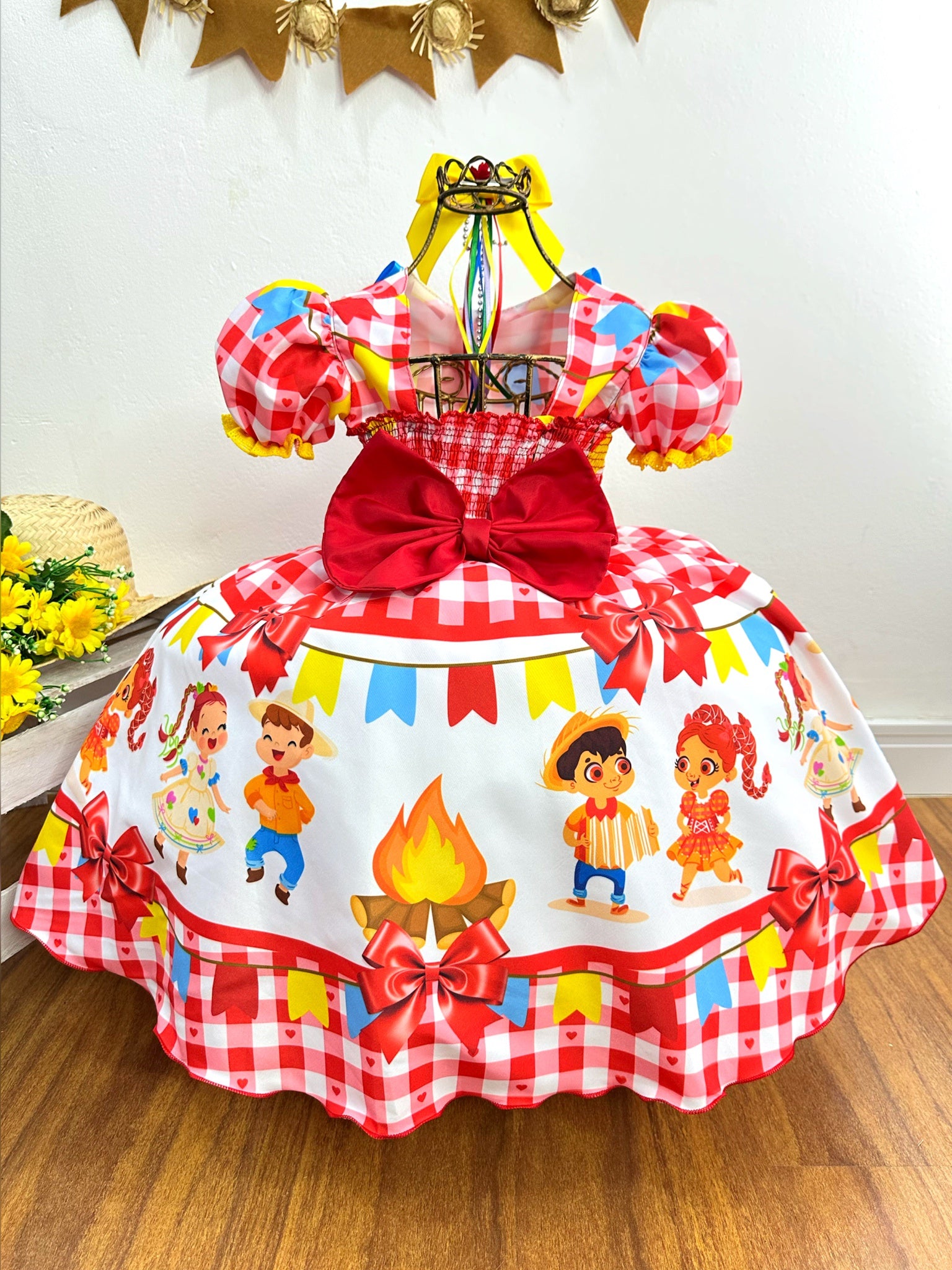 Vestido Infantil Junino Festa São João Xadrez Vermelho
