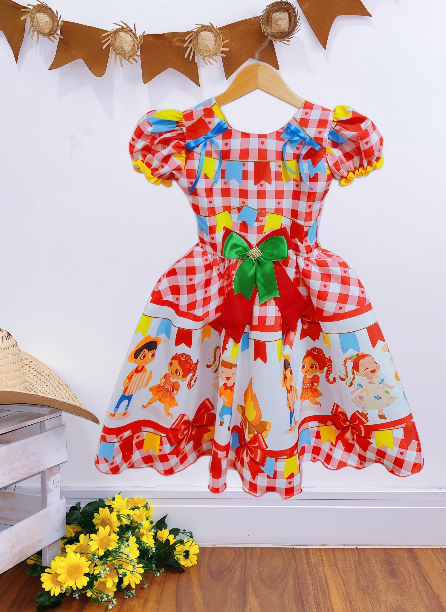 Vestido Infantil Junino Festa São João Xadrez Vermelho