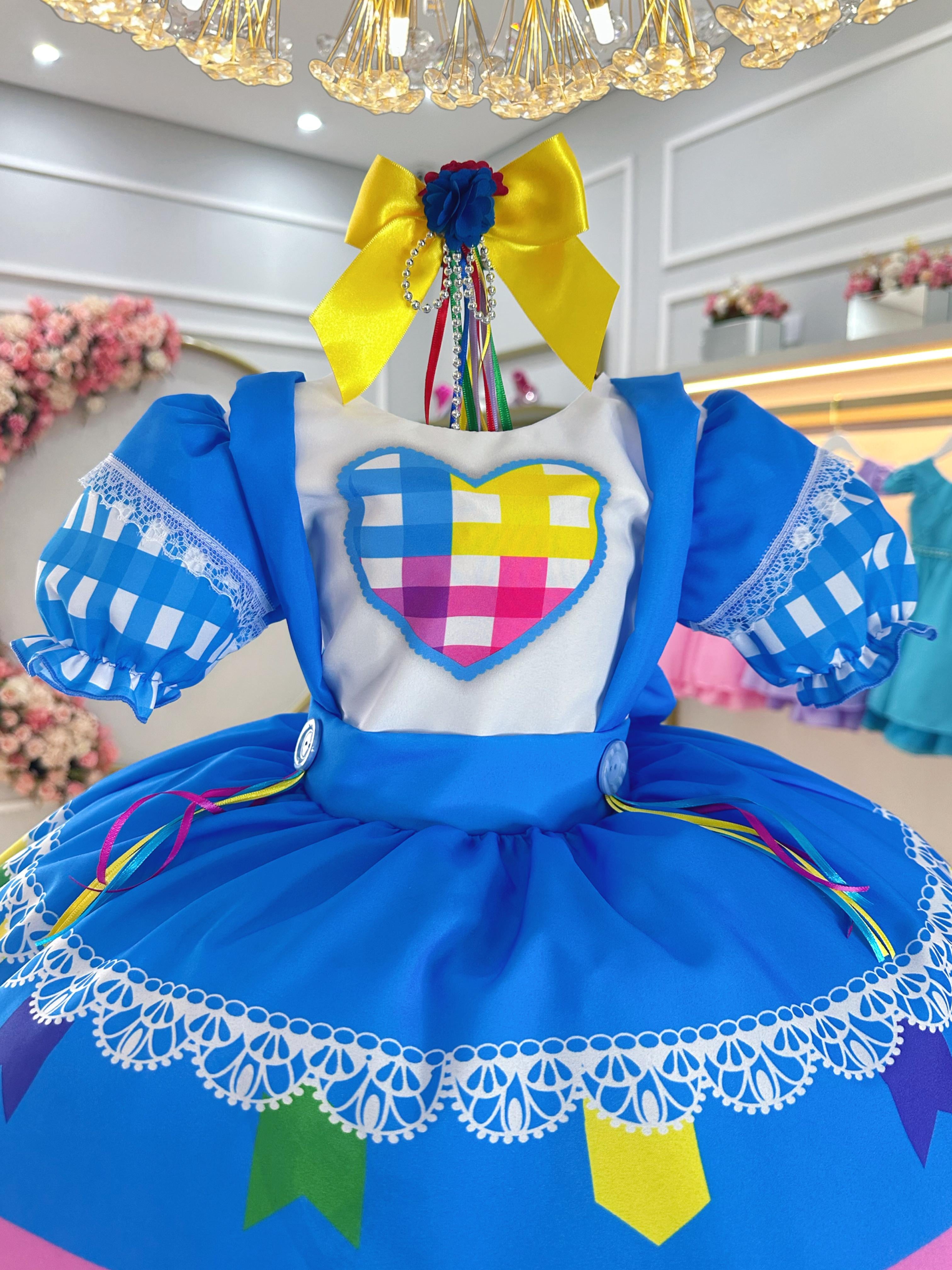 Vestido Infantil Junino Festas Azul Colorido Luxo