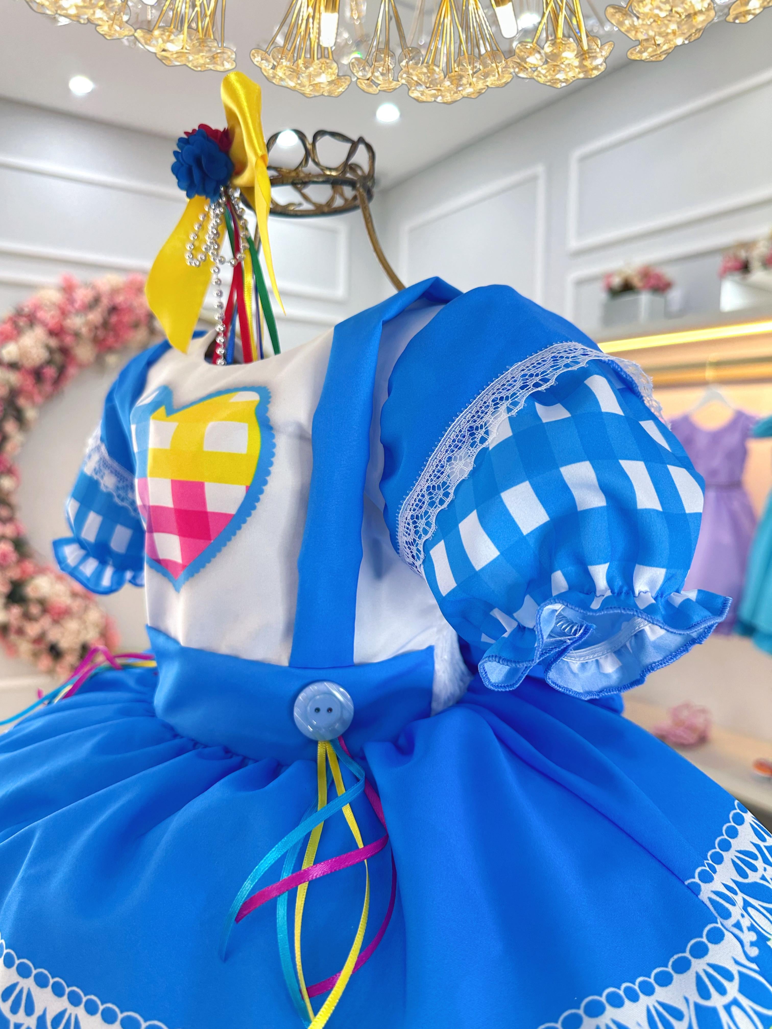 Vestido Infantil Junino Festas Azul Colorido Luxo