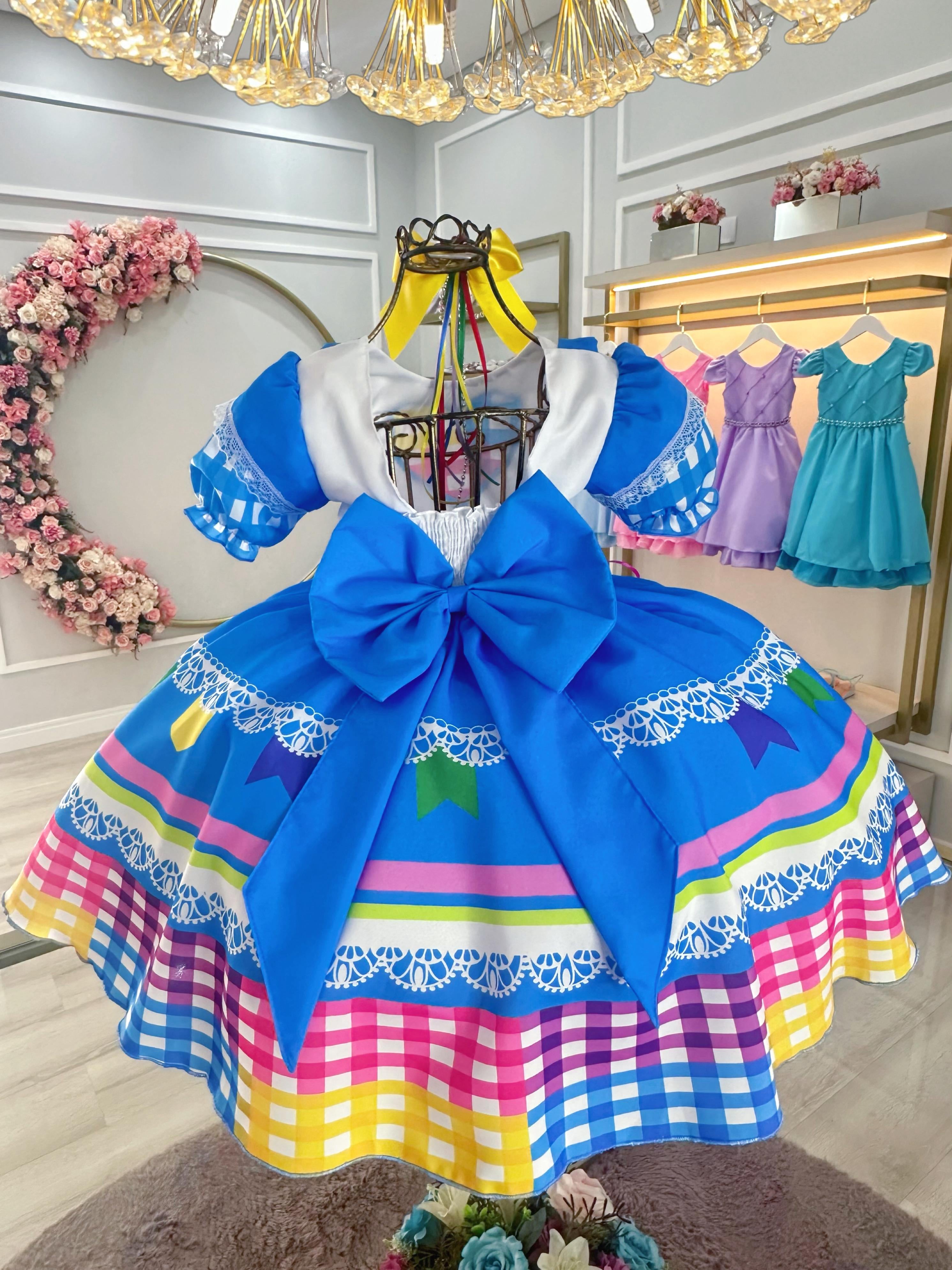 Vestido Infantil Junino Festas Azul Colorido Luxo