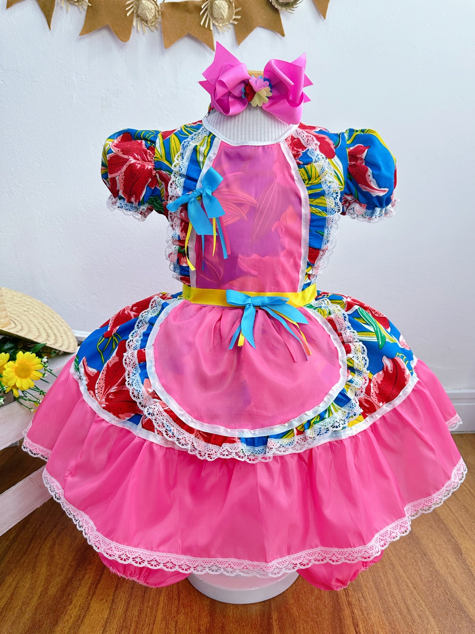 Vestido Infantil Junino Festas Caipira Rosa e Azul Florido