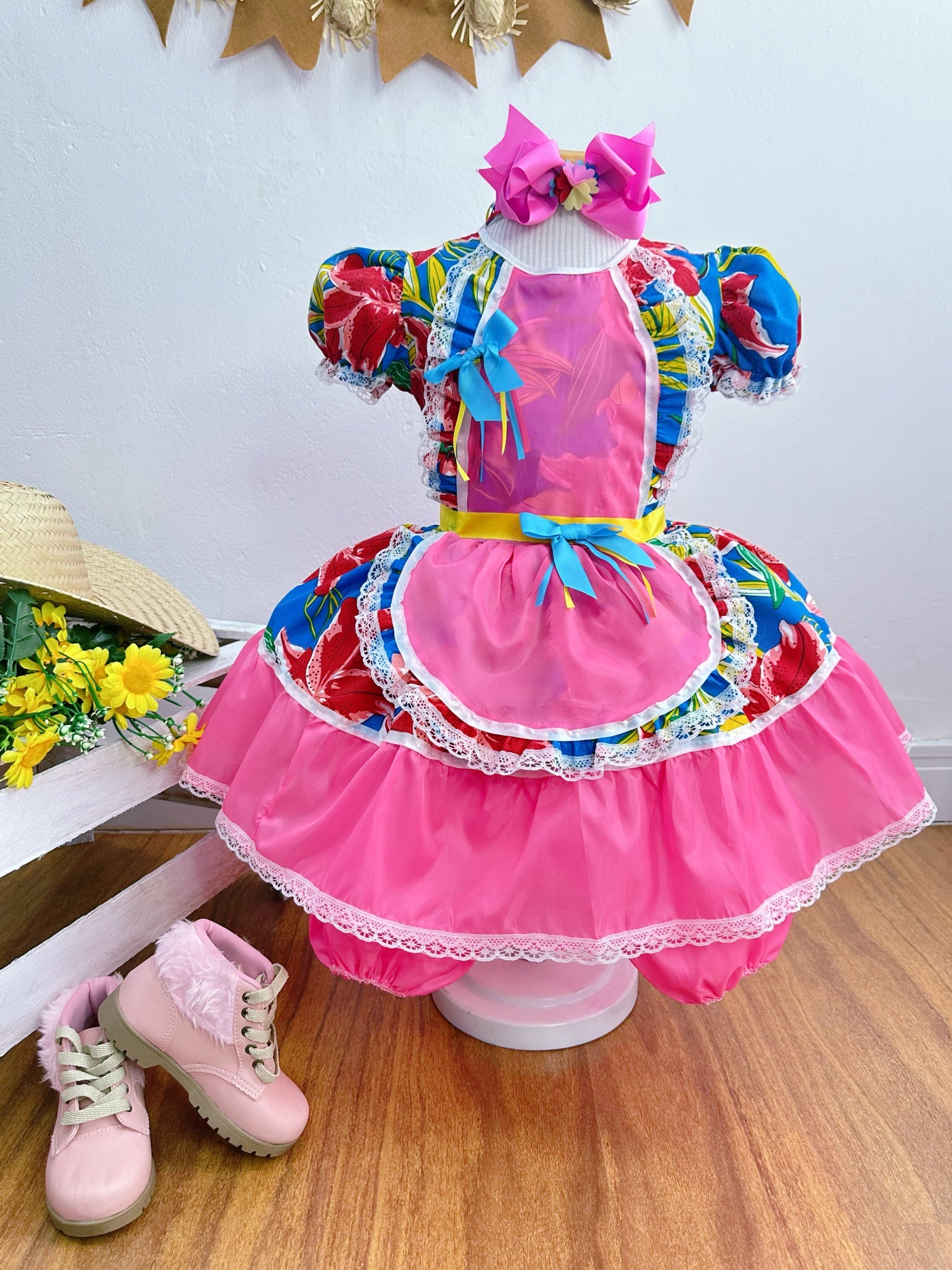 Vestido Infantil Junino Festas Caipira Rosa e Azul Florido