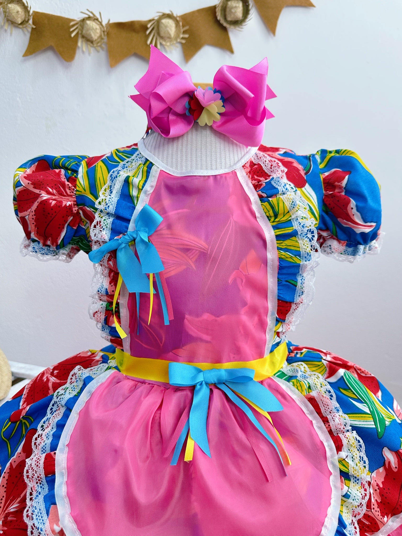 Vestido Infantil Junino Festas Caipira Rosa e Azul Florido