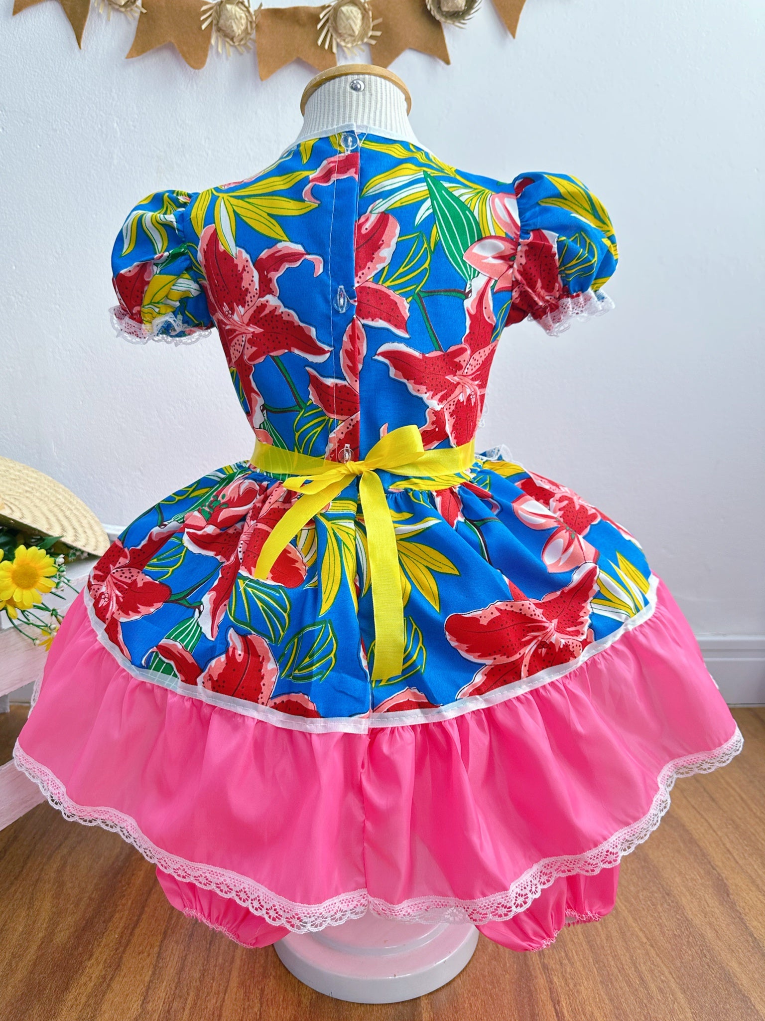 Vestido Infantil Junino Festas Caipira Rosa e Azul Florido