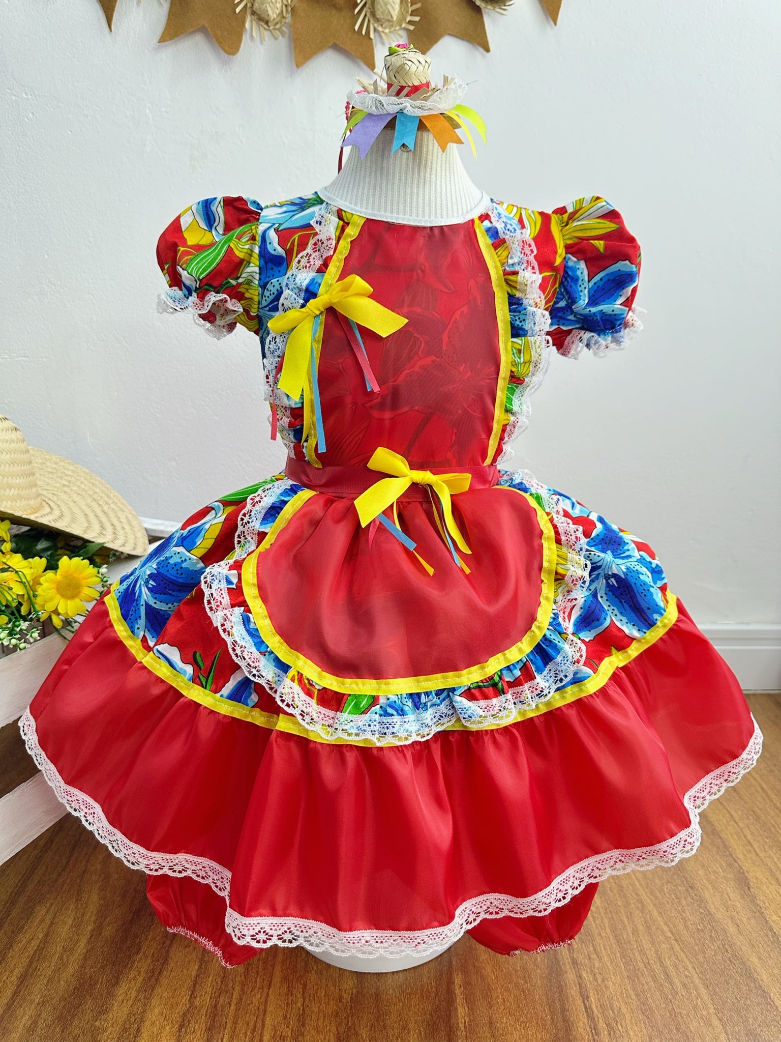 Vestido Infantil Junino Festas Caipira Vermelho e Azul Florido