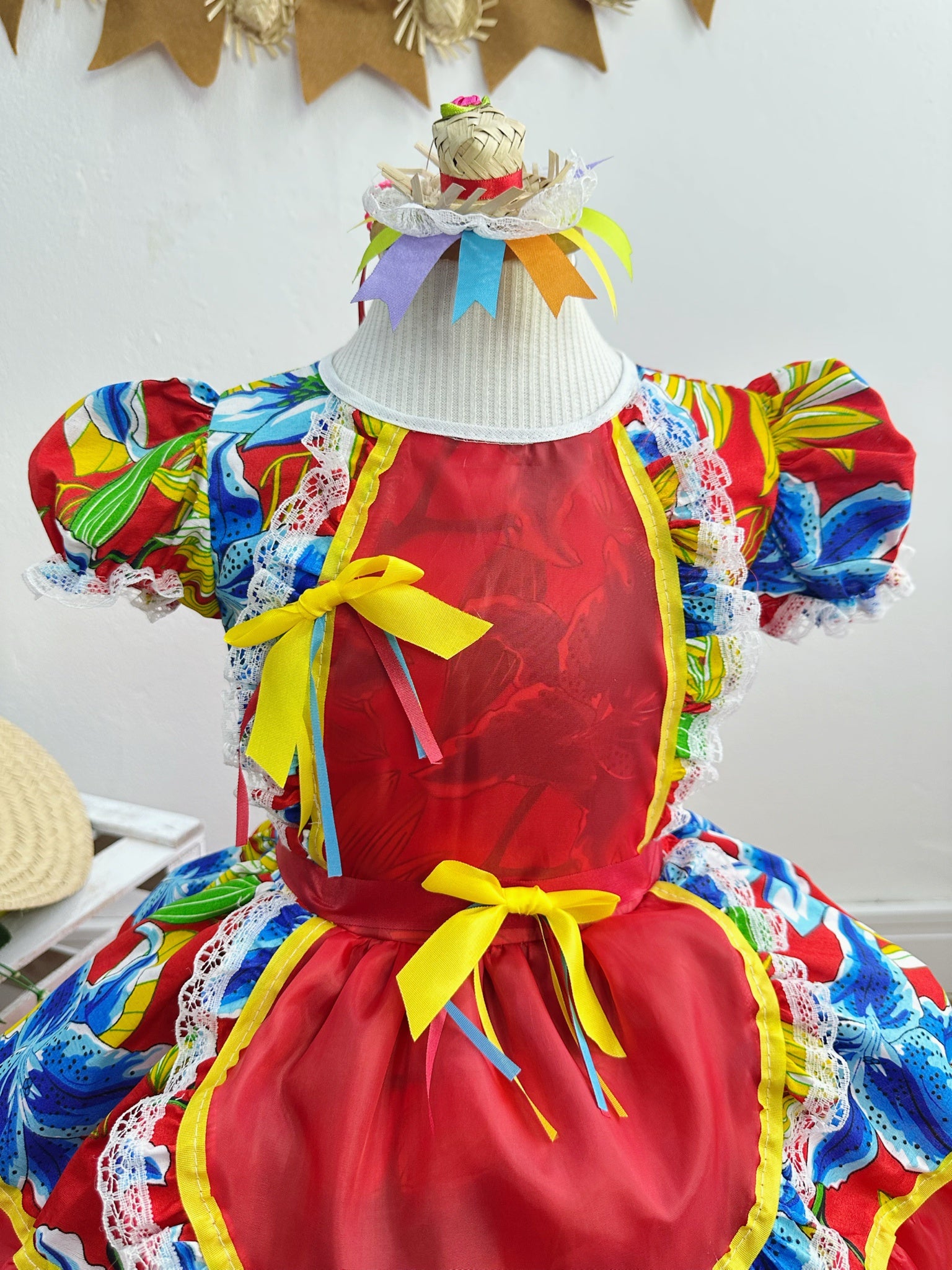 Vestido Infantil Junino Festas Caipira Vermelho e Azul Florido