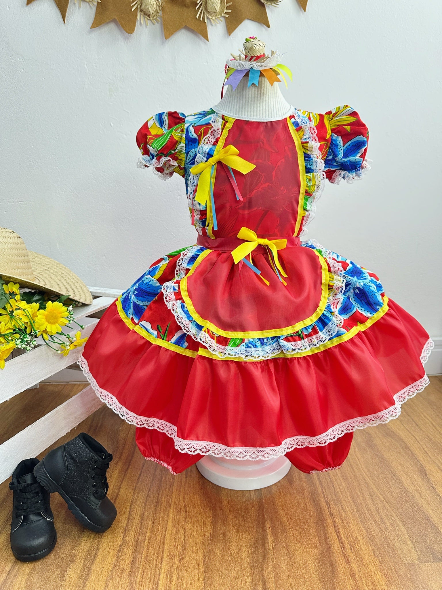 Vestido Infantil Junino Festas Caipira Vermelho e Azul Florido