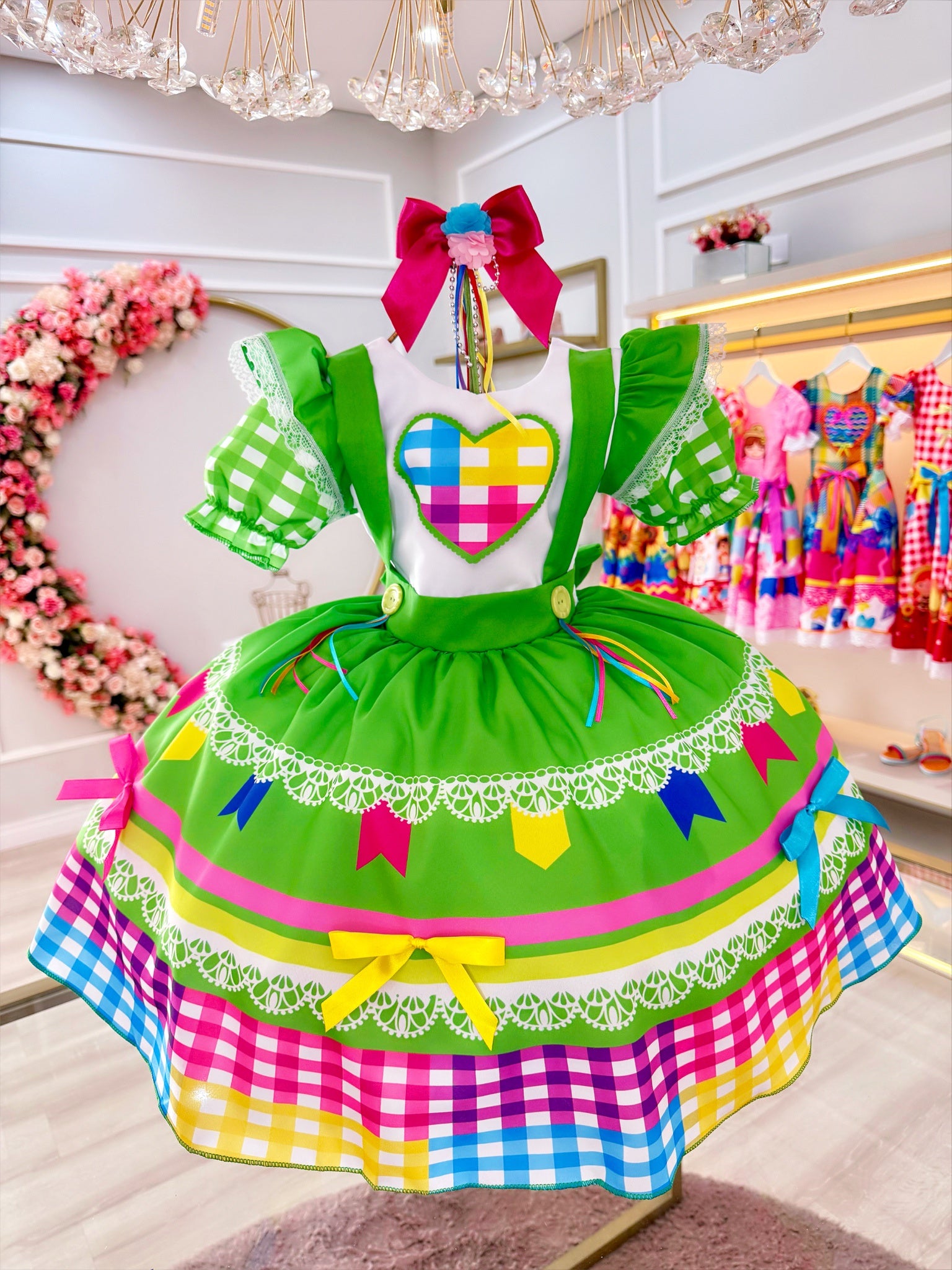Vestido Infantil Junino Festas Verde Colorido Luxo