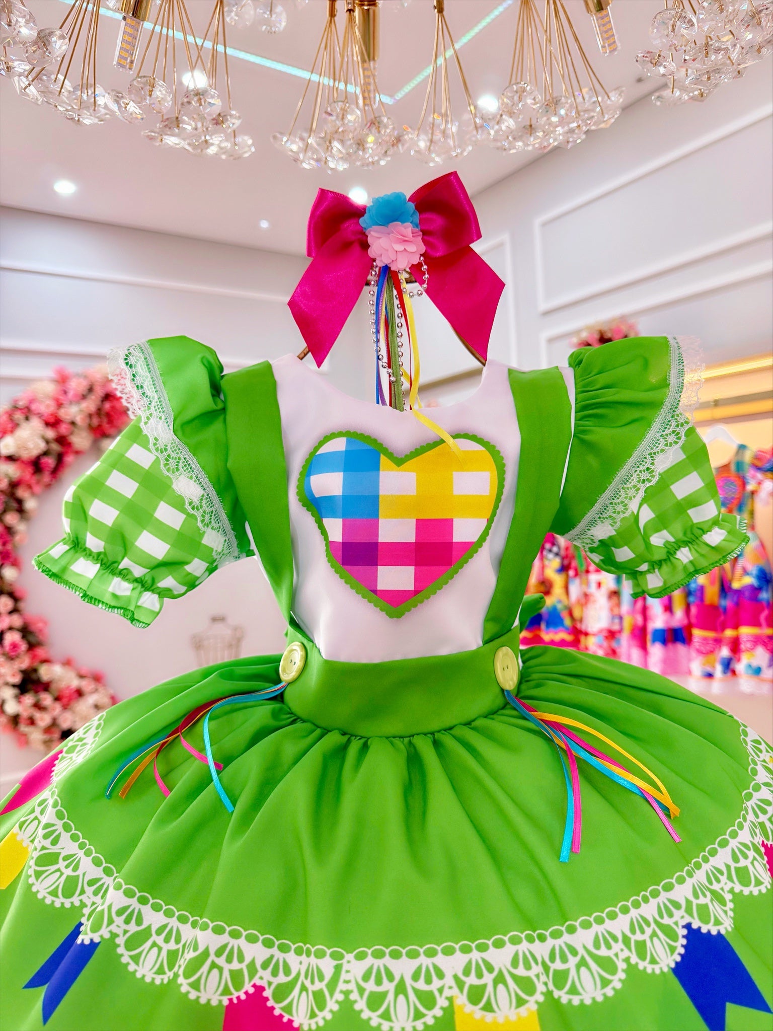 Vestido Infantil Junino Festas Verde Colorido Luxo