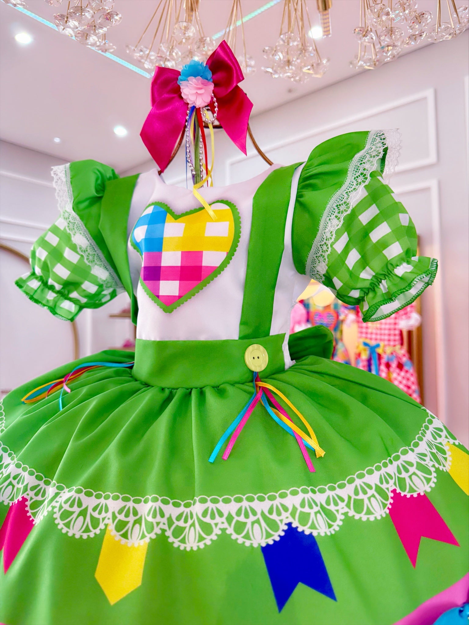 Vestido Infantil Junino Festas Verde Colorido Luxo