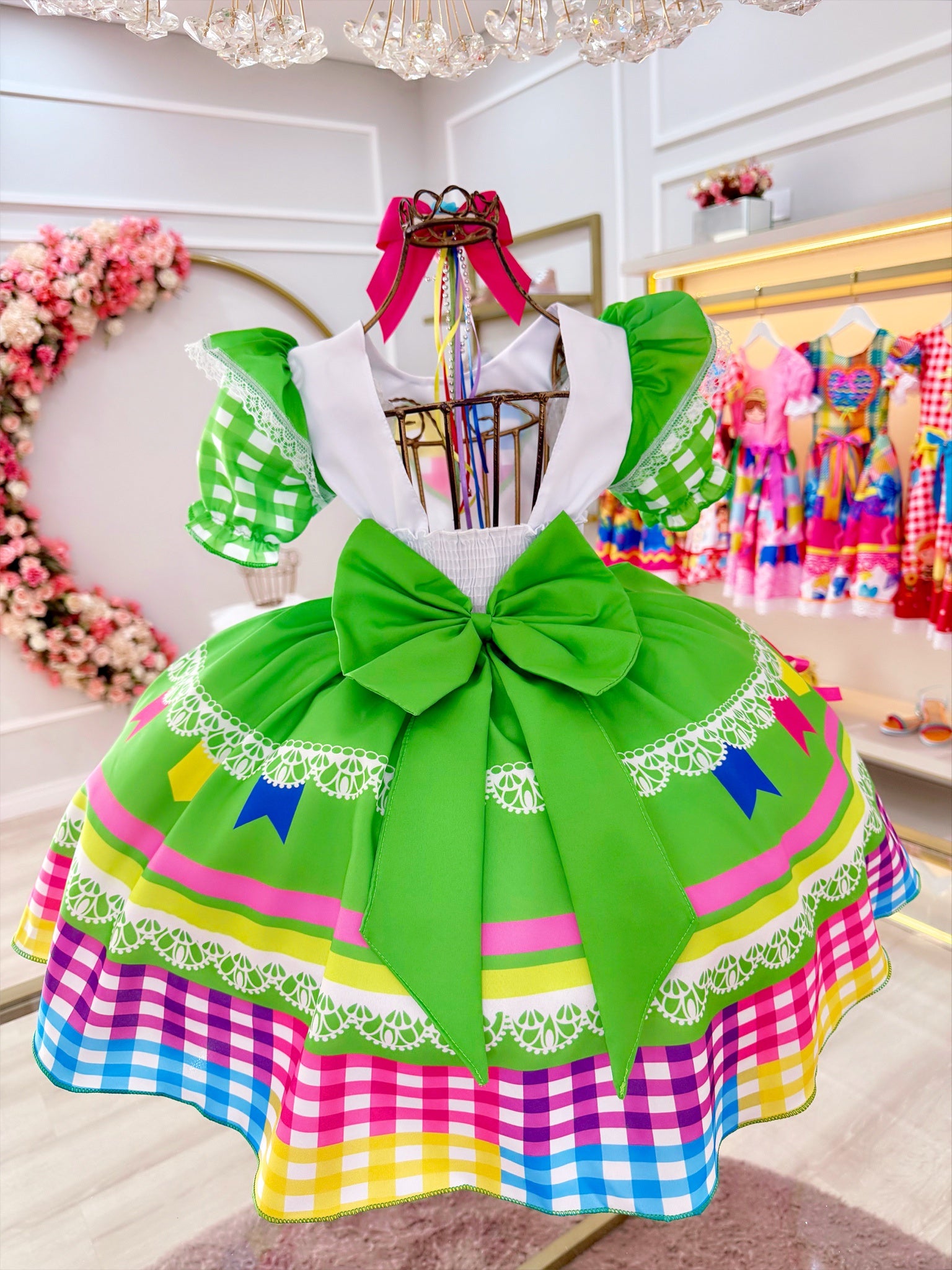 Vestido Infantil Junino Festas Verde Colorido Luxo