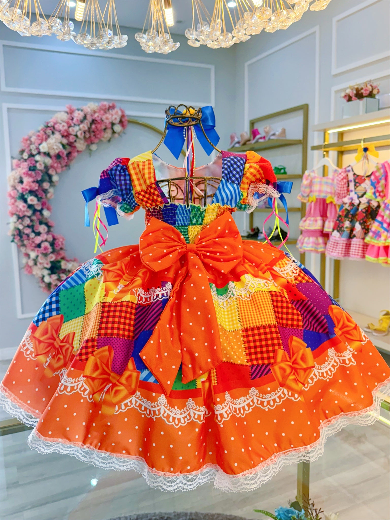 Vestido Infantil Junino Laranja Xadrez Colorido Luxo