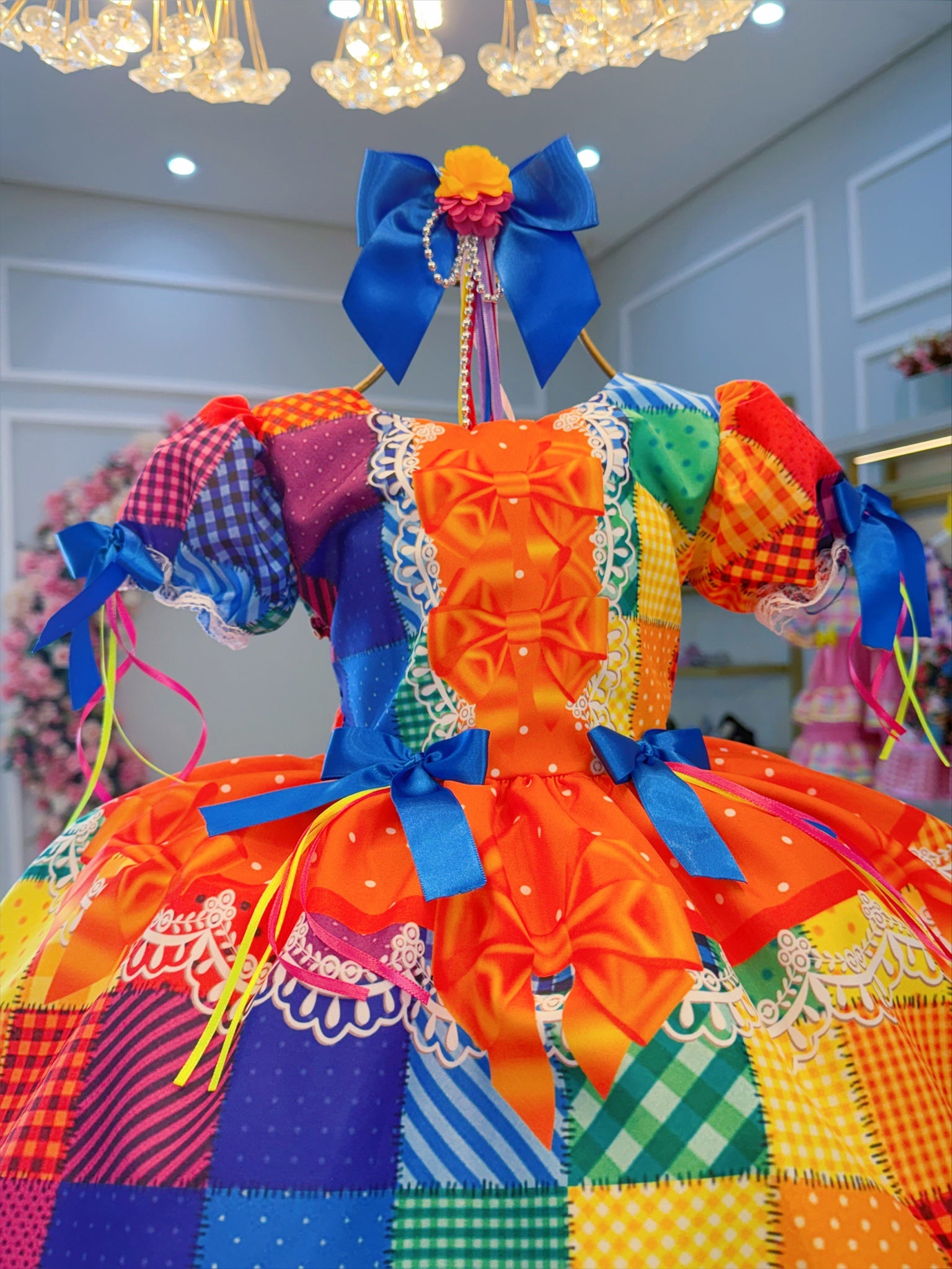 Vestido Infantil Junino Laranja Xadrez Colorido Luxo