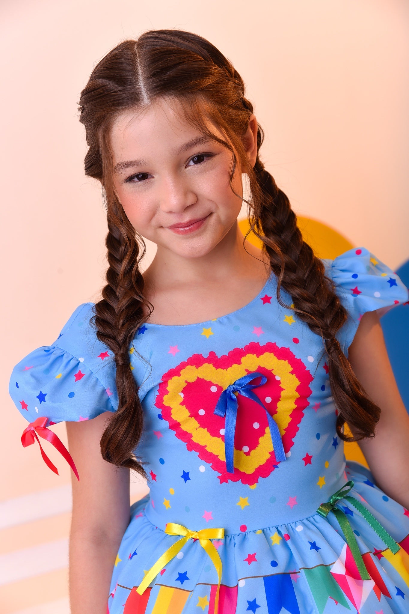 Vestido Infantil Junino Luxo Azul Girassol Colorido