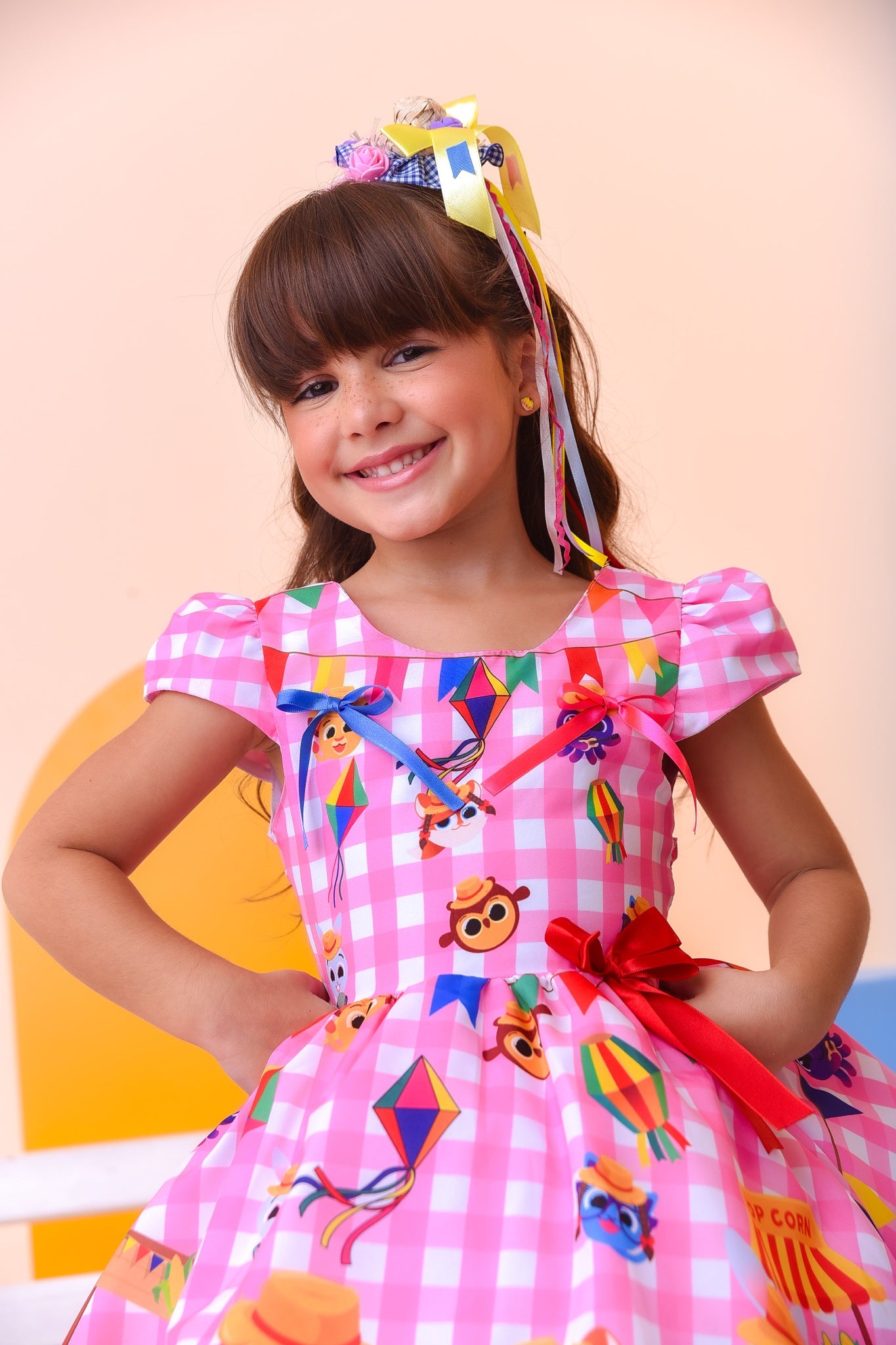 Vestido Infantil Junino Luxo Rosa Xadrez Bolofofos