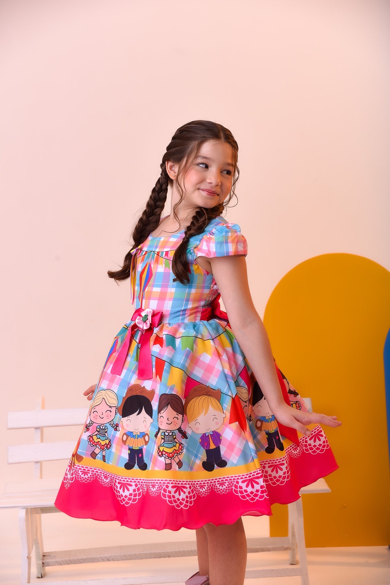 Vestido Infantil Junino Luxo Xadrez Colorido Festa São João