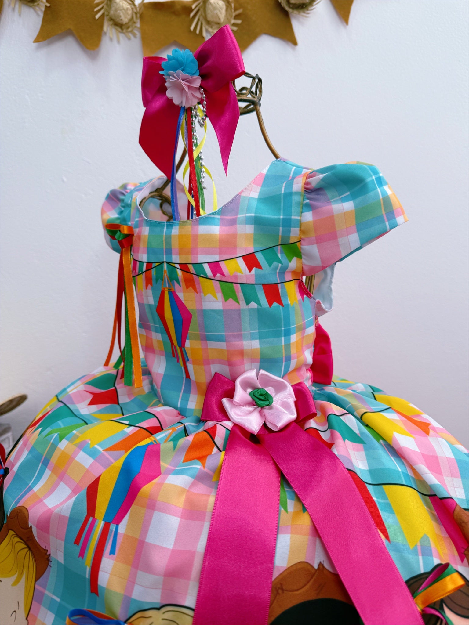 Vestido Infantil Junino Luxo Xadrez Colorido Festa São João