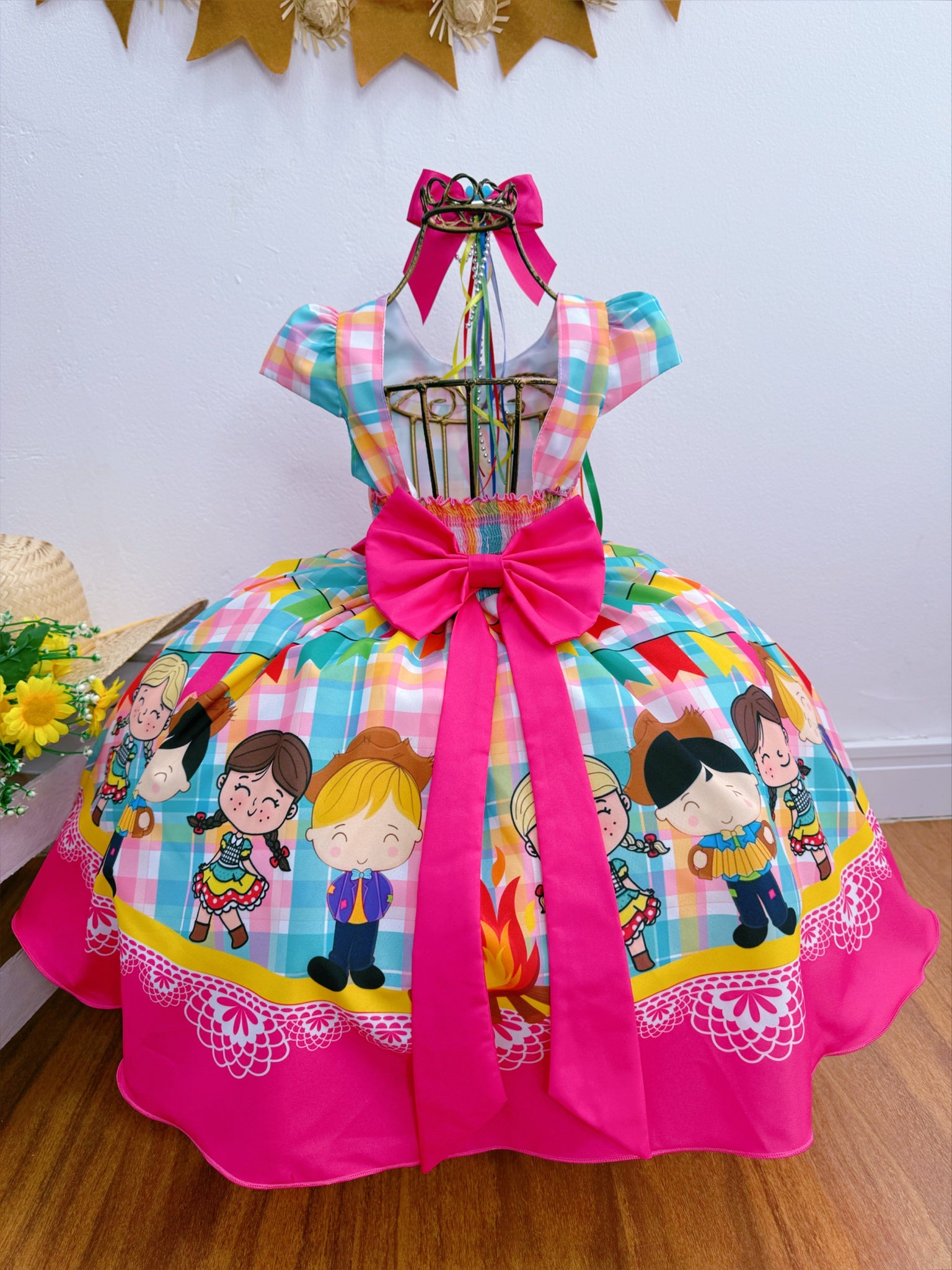 Vestido Infantil Junino Luxo Xadrez Colorido Festa São João