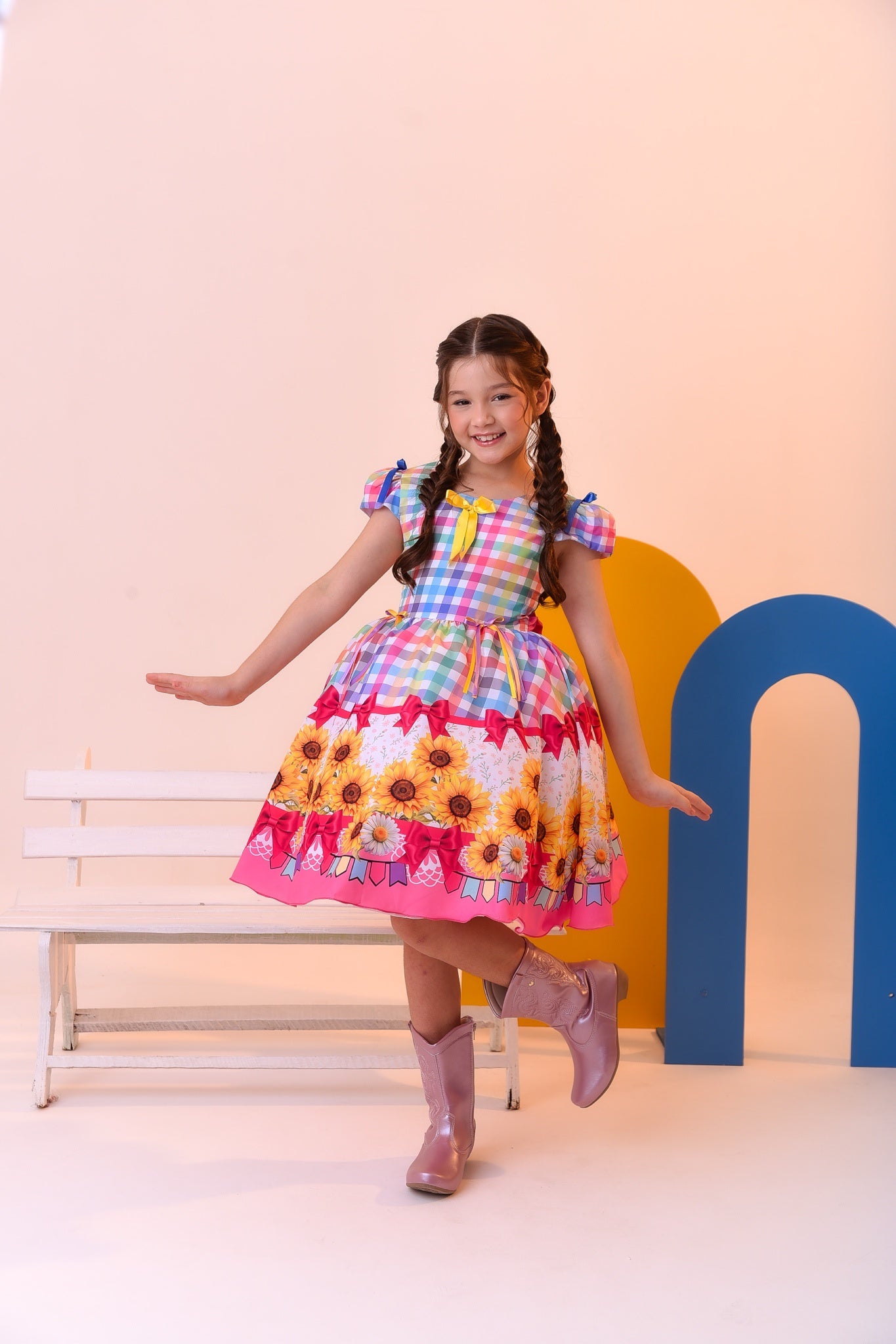 Vestido Infantil Junino Luxo Xadrez Colorido Girassol