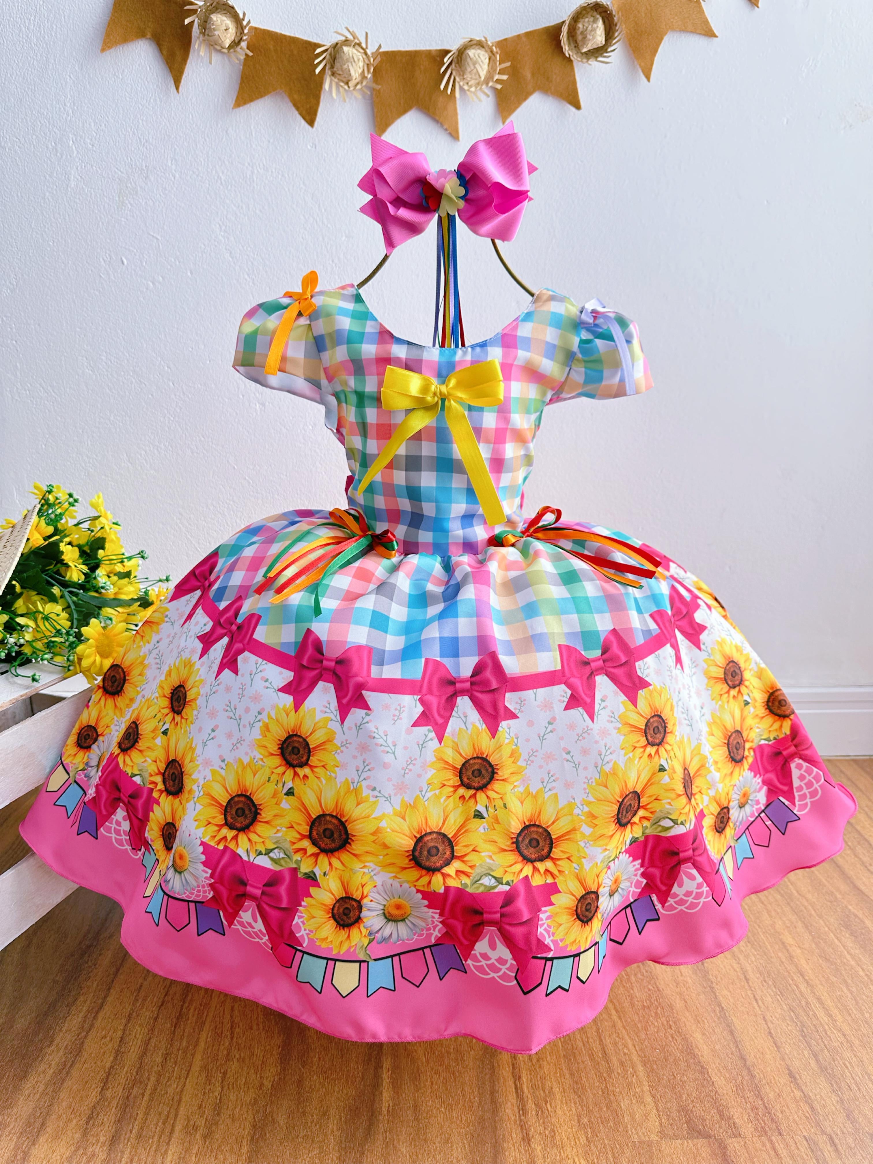 Vestido Infantil Junino Luxo Xadrez Colorido Girassol