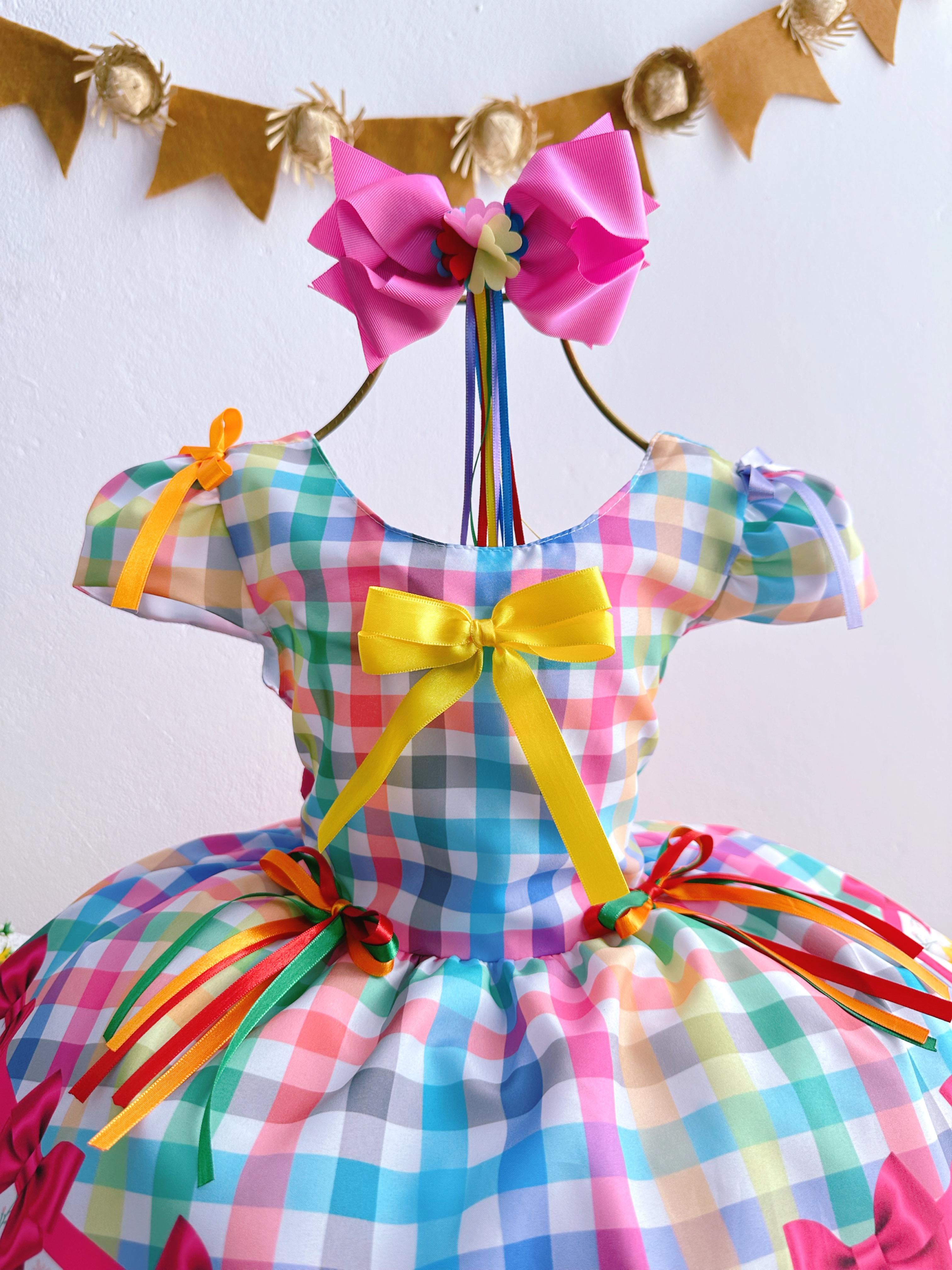 Vestido Infantil Junino Luxo Xadrez Colorido Girassol