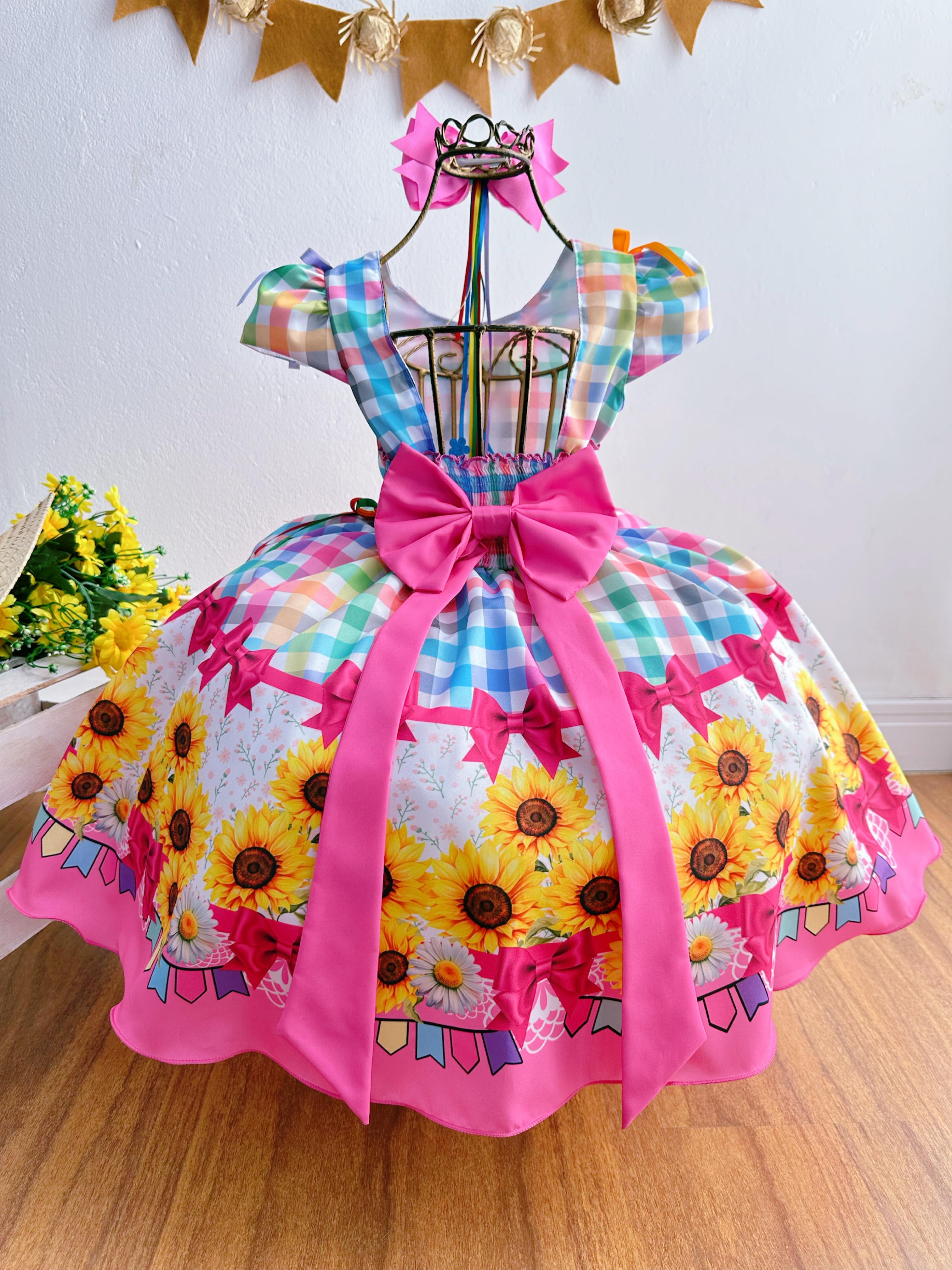 Vestido Infantil Junino Luxo Xadrez Colorido Girassol