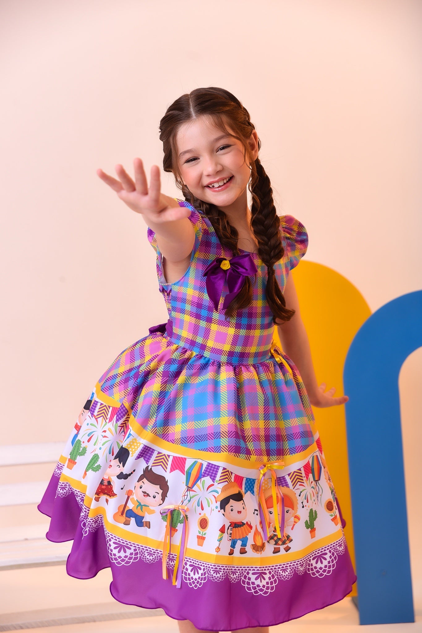 Vestido Infantil Junino Luxo Xadrez Lilás Fogueira Festa São João