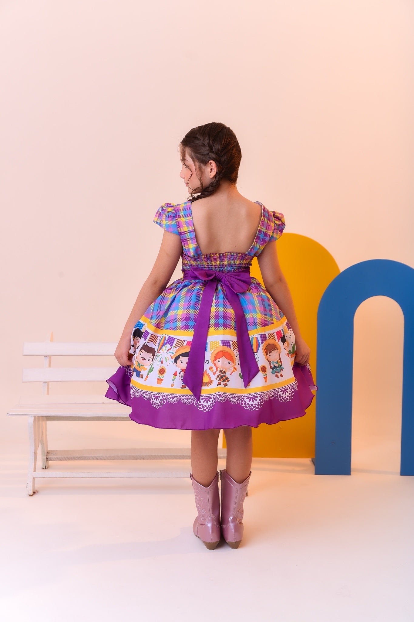 Vestido Infantil Junino Luxo Xadrez Lilás Fogueira Festa São João