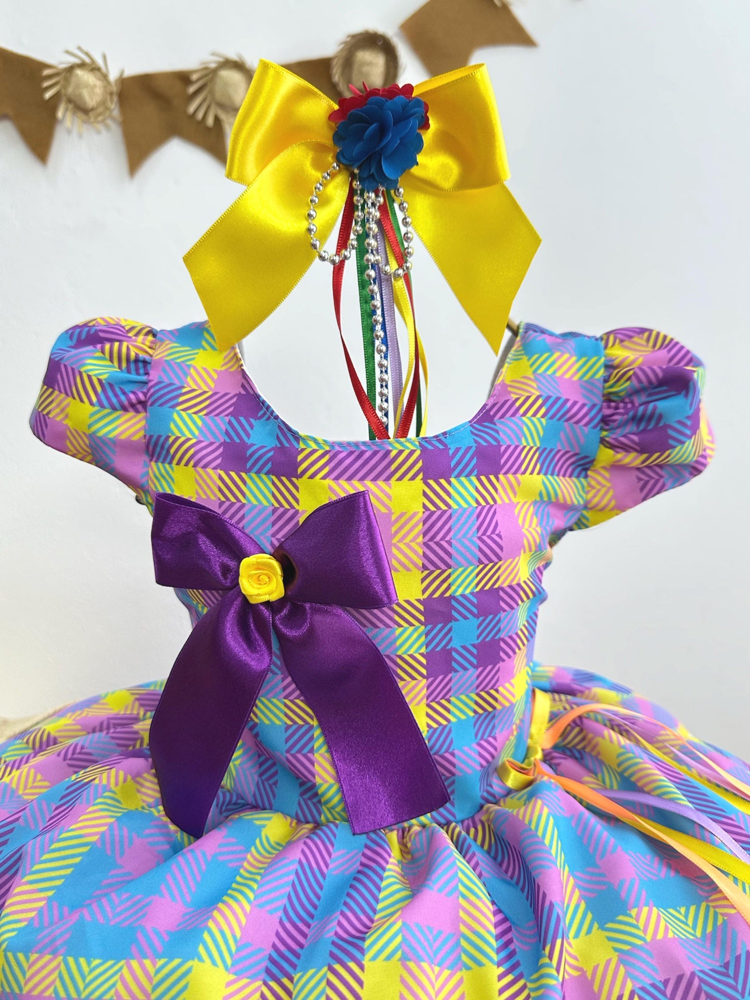 Vestido Infantil Junino Luxo Xadrez Lilás Fogueira Festa São João