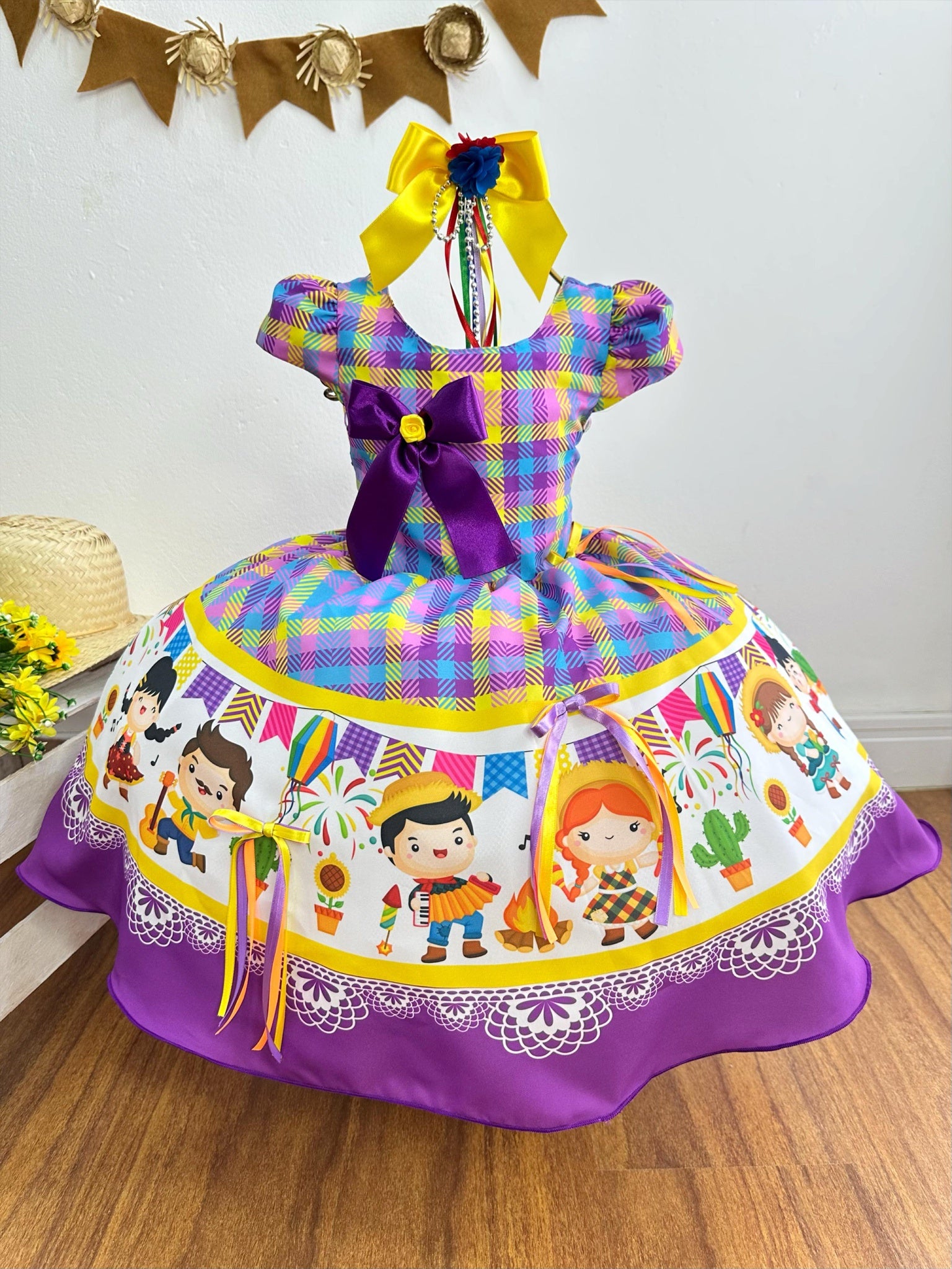 Vestido Infantil Junino Luxo Xadrez Lilás Fogueira Festa São João