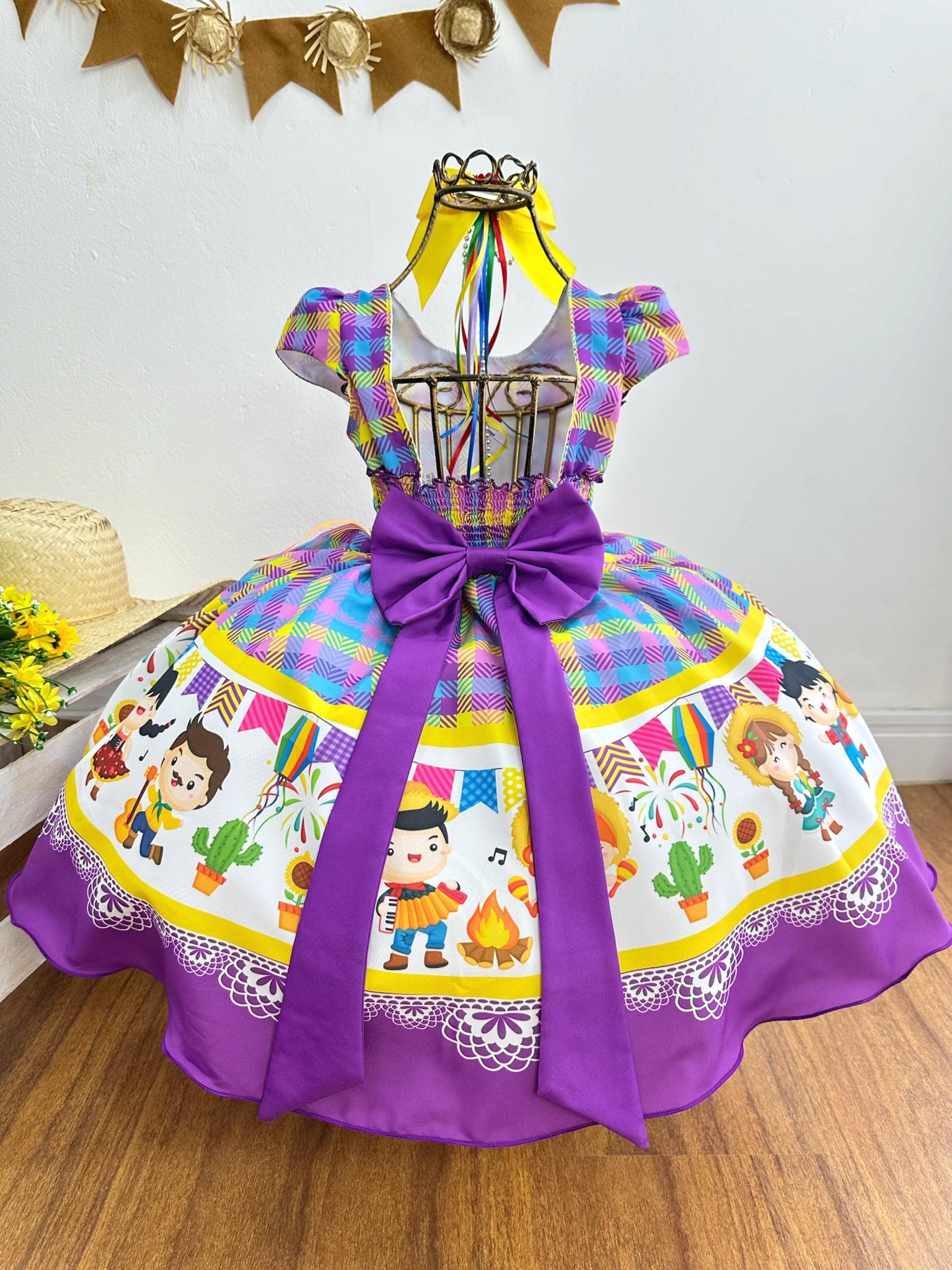 Vestido Infantil Junino Luxo Xadrez Lilás Fogueira Festa São João