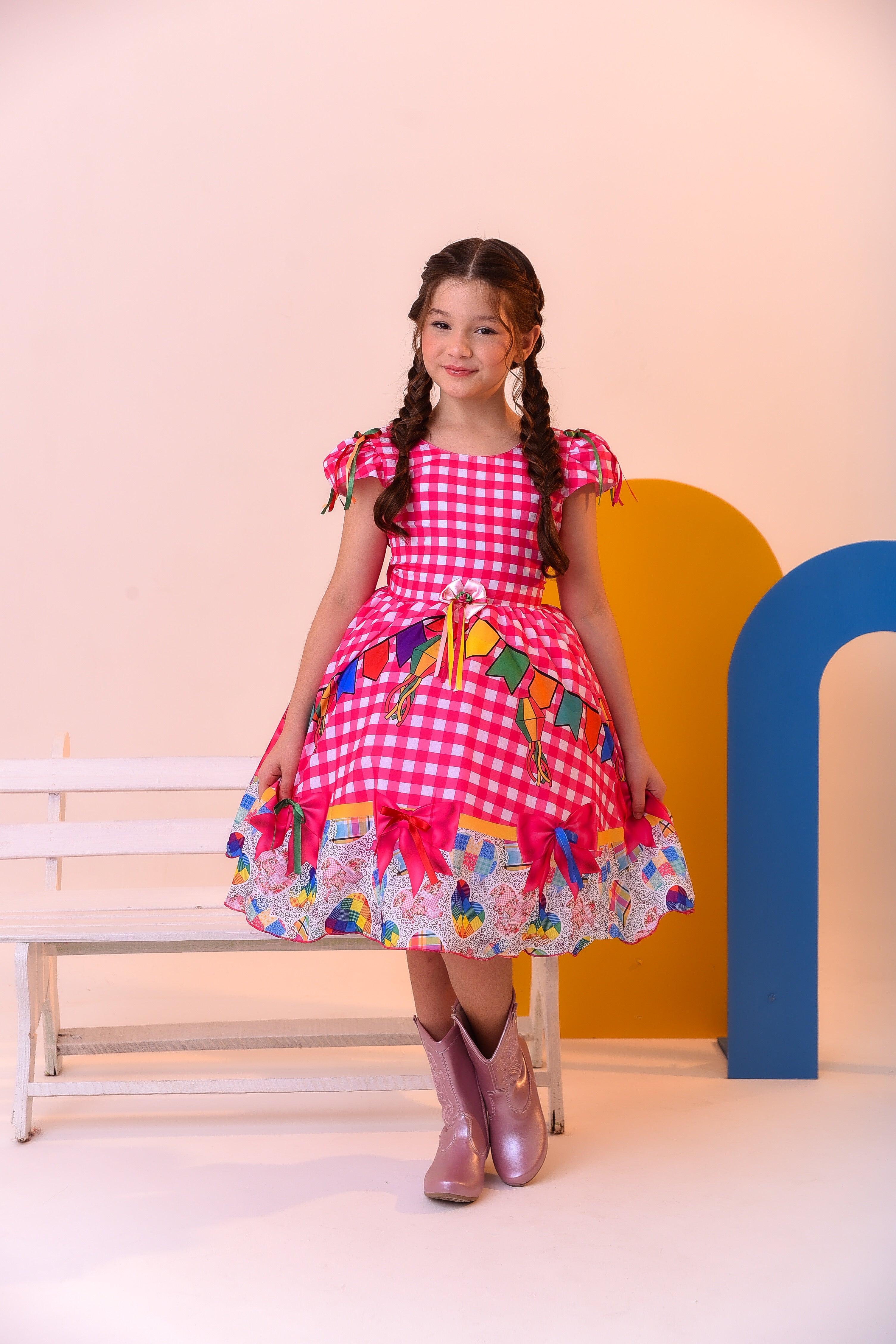 Vestido Infantil Junino Luxo Xadrez Rosa Festa São João