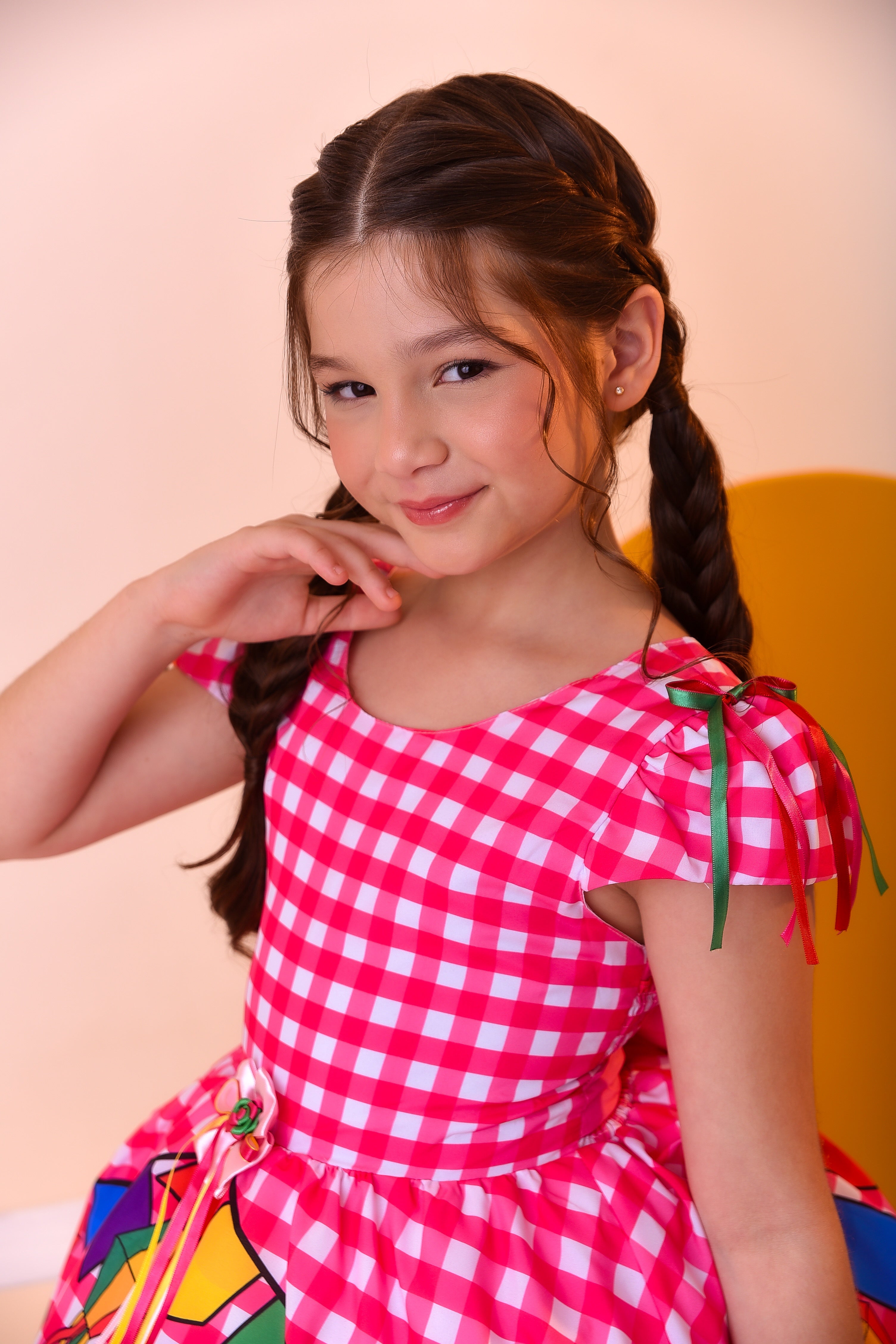 Vestido Infantil Junino Luxo Xadrez Rosa Festa São João
