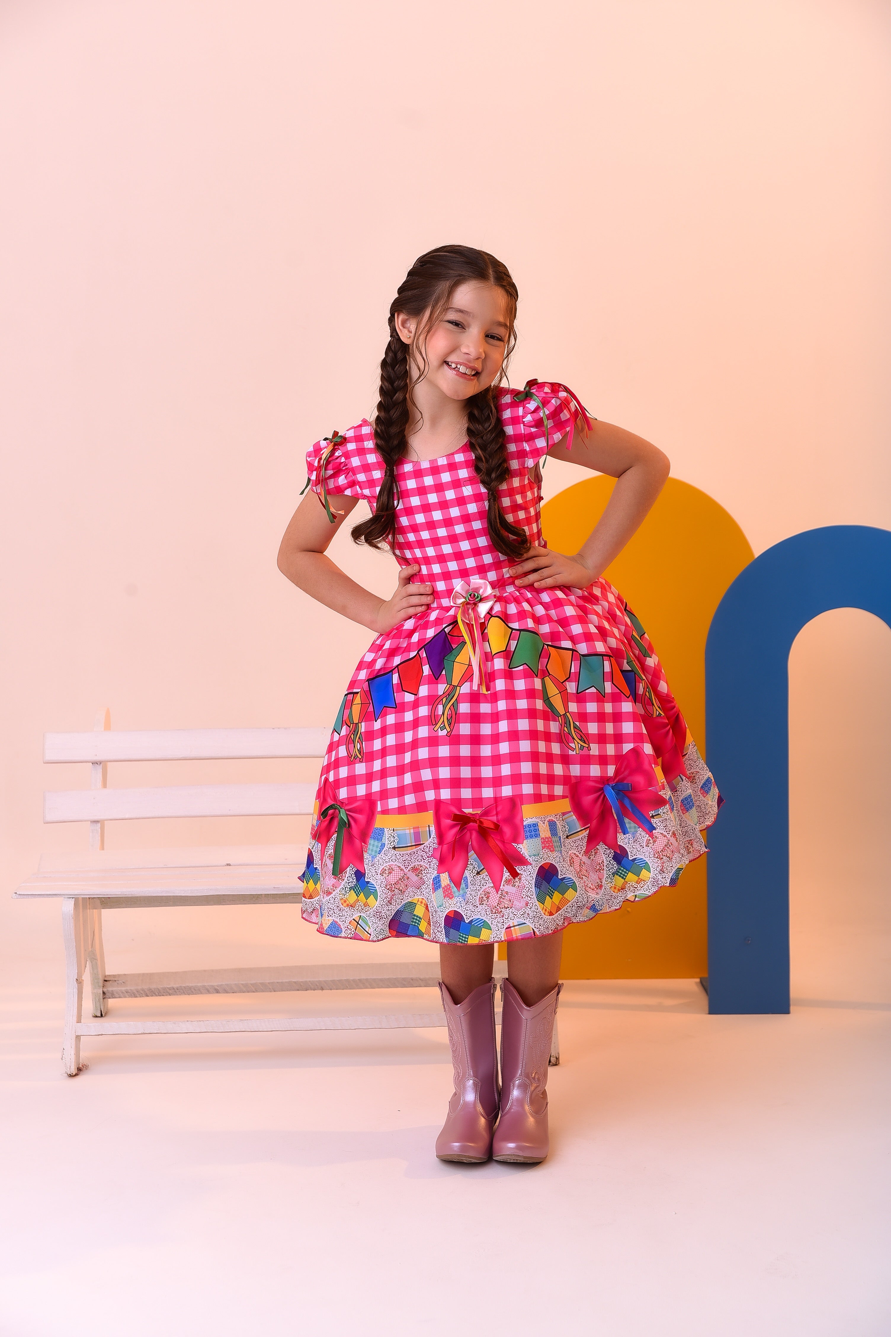 Vestido Infantil Junino Luxo Xadrez Rosa Festa São João