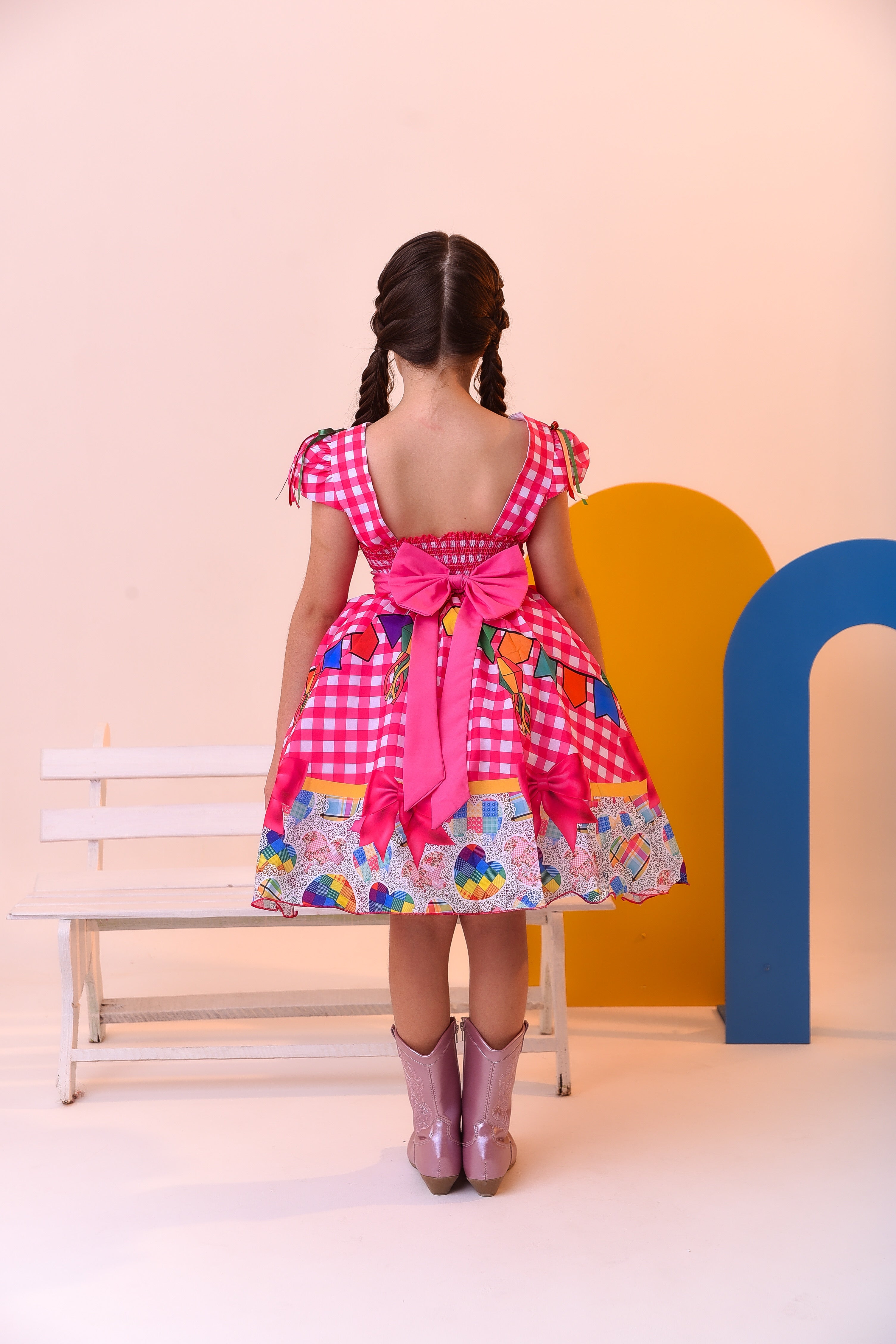 Vestido Infantil Junino Luxo Xadrez Rosa Festa São João