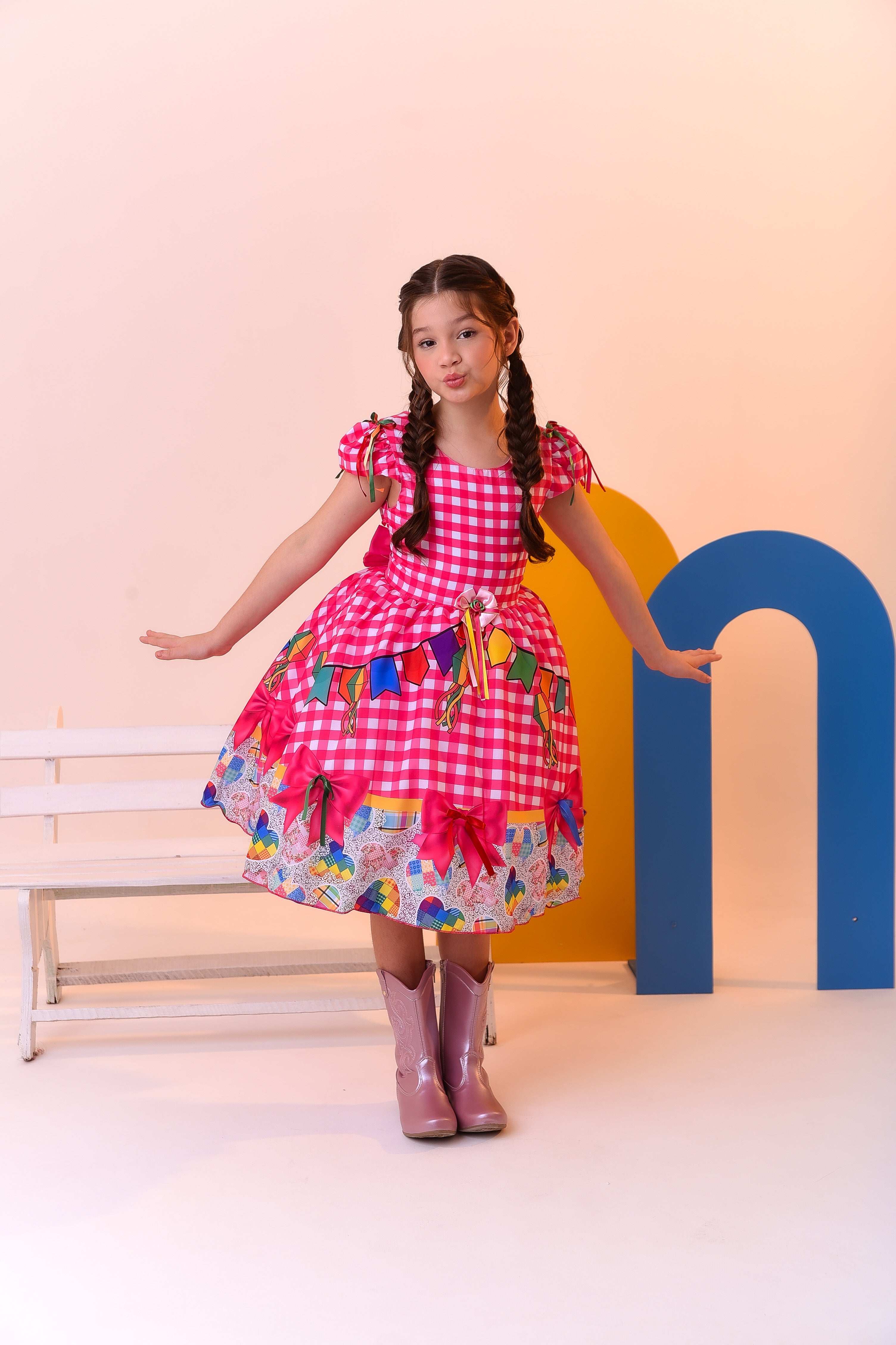 Vestido Infantil Junino Luxo Xadrez Rosa Festa São João