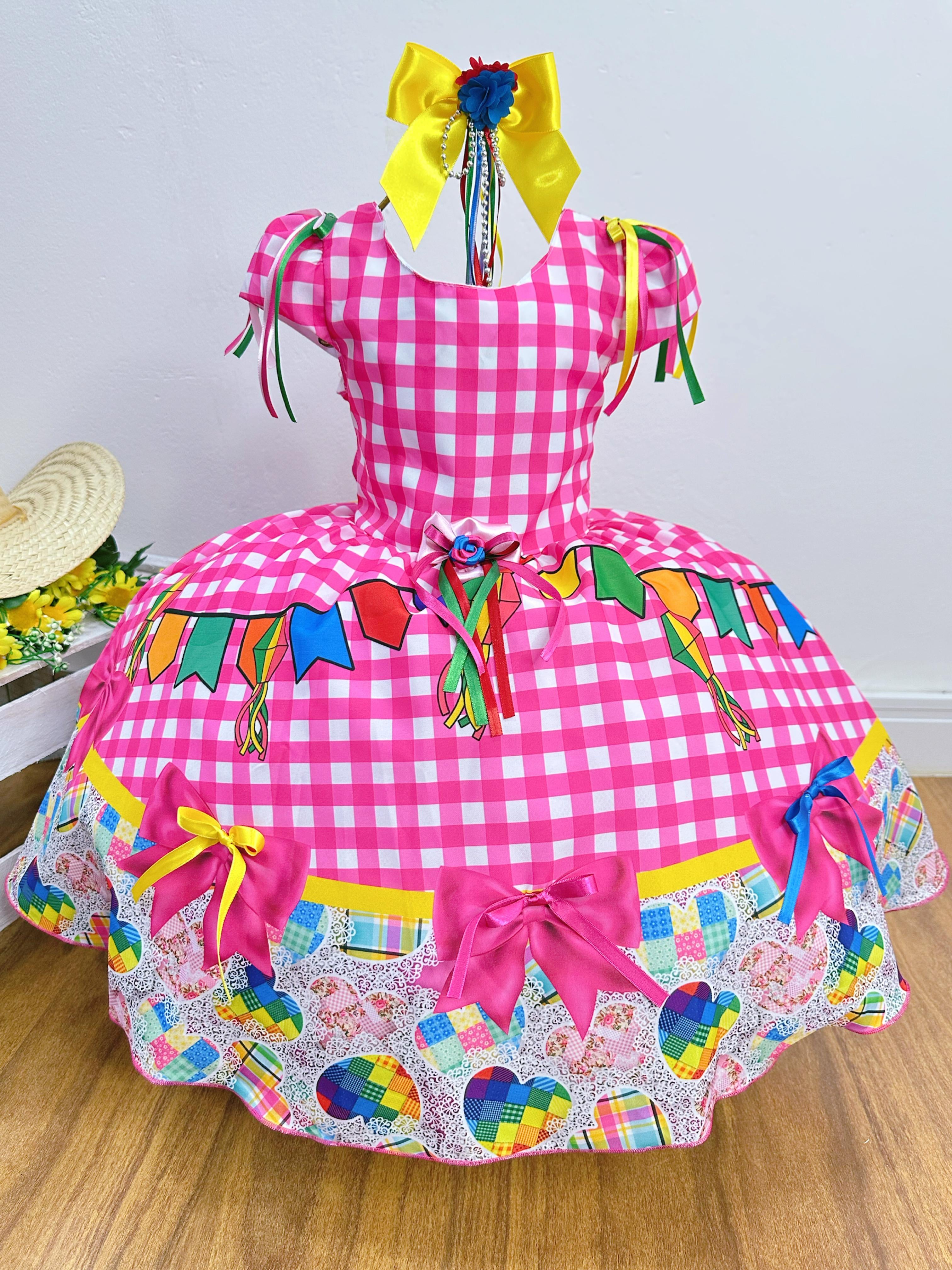 Vestido Infantil Junino Luxo Xadrez Rosa Festa São João