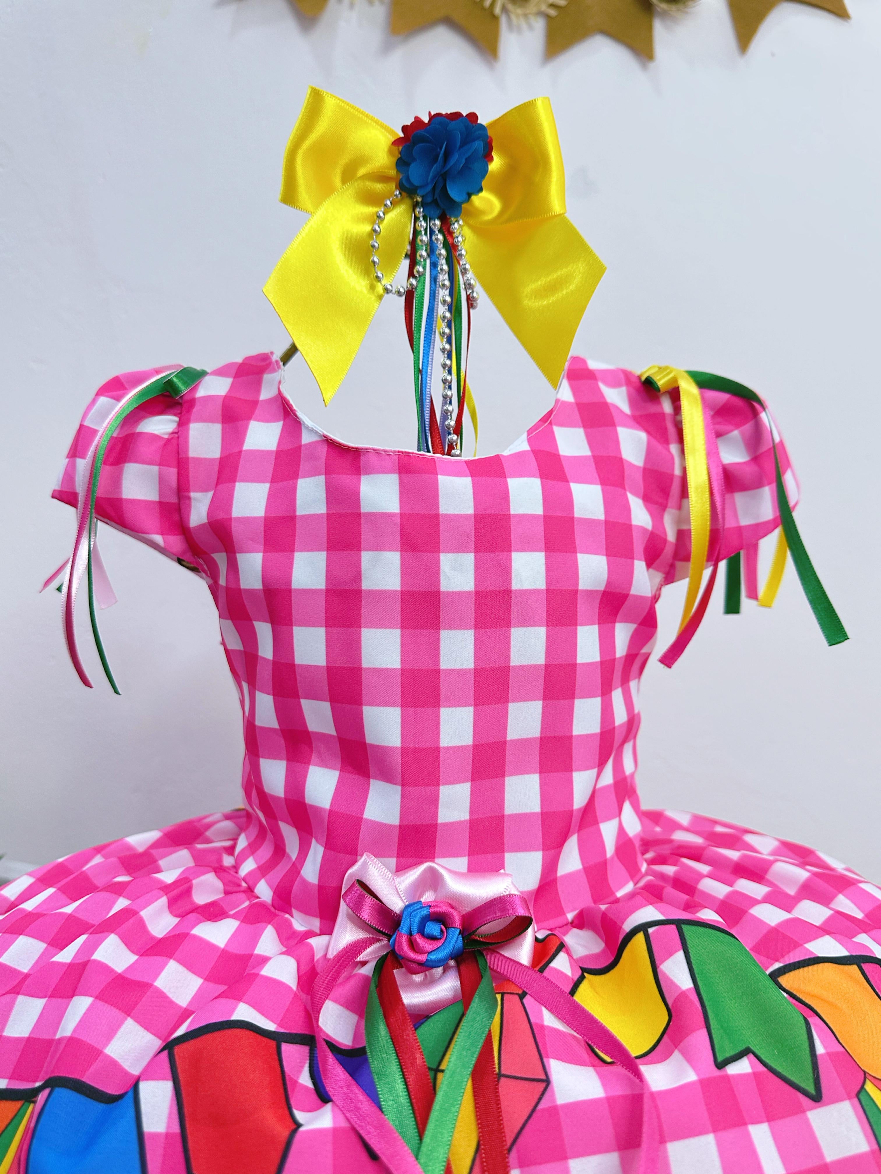 Vestido Infantil Junino Luxo Xadrez Rosa Festa São João
