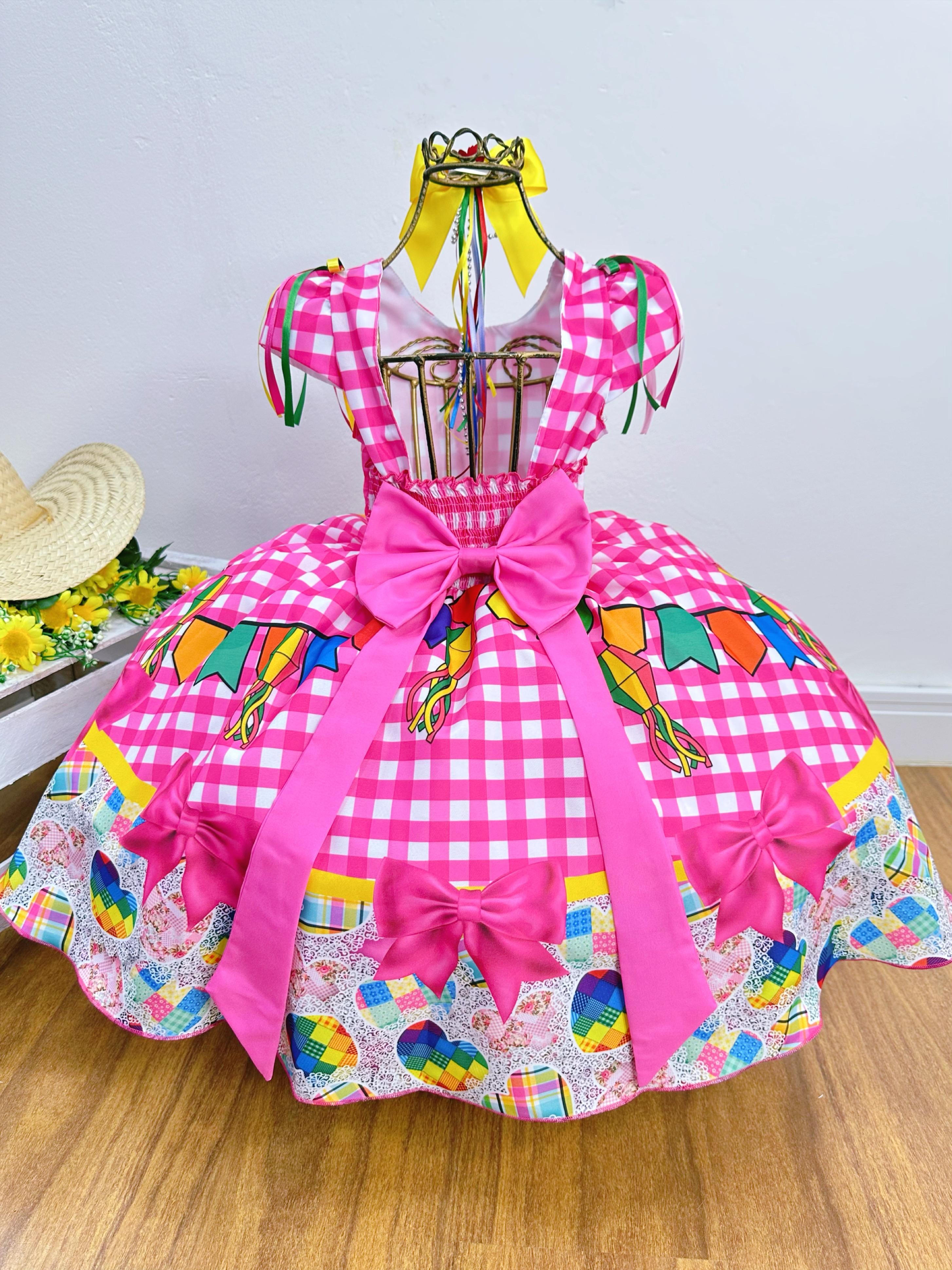 Vestido Infantil Junino Luxo Xadrez Rosa Festa São João