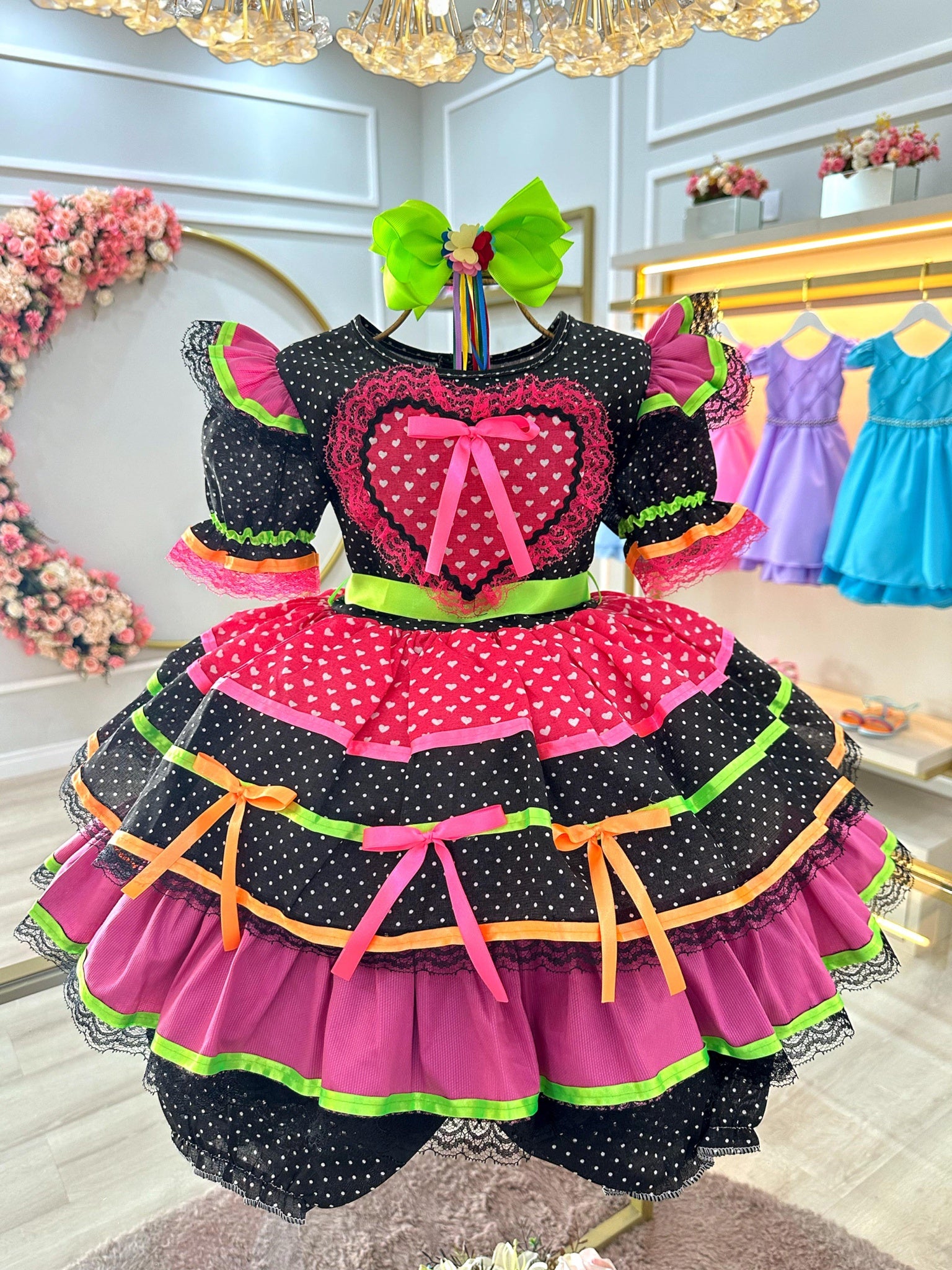 Vestido Infantil Junino Preto Colorido C/ Babados Luxo
