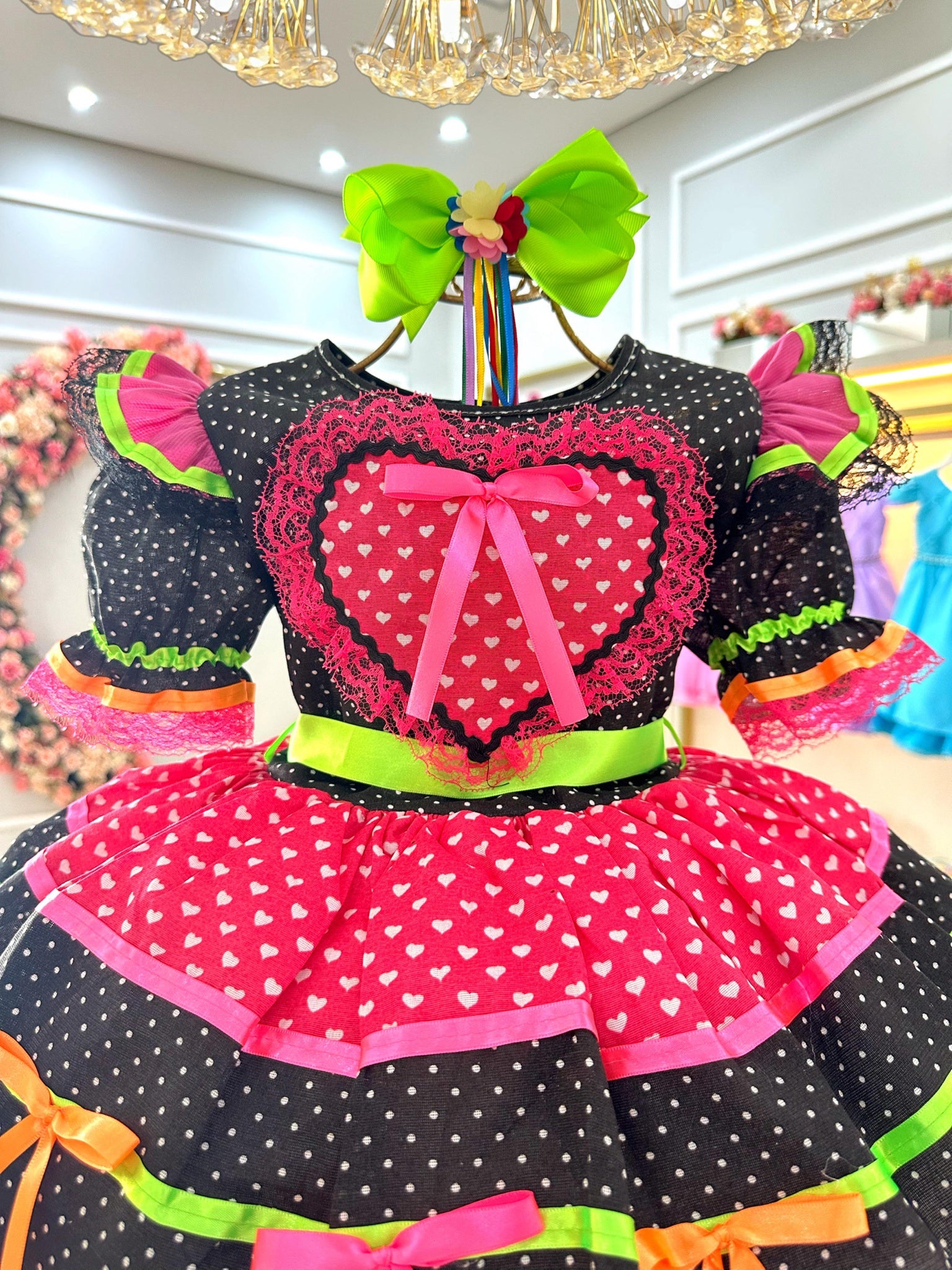 Vestido Infantil Junino Preto Colorido C/ Babados Luxo