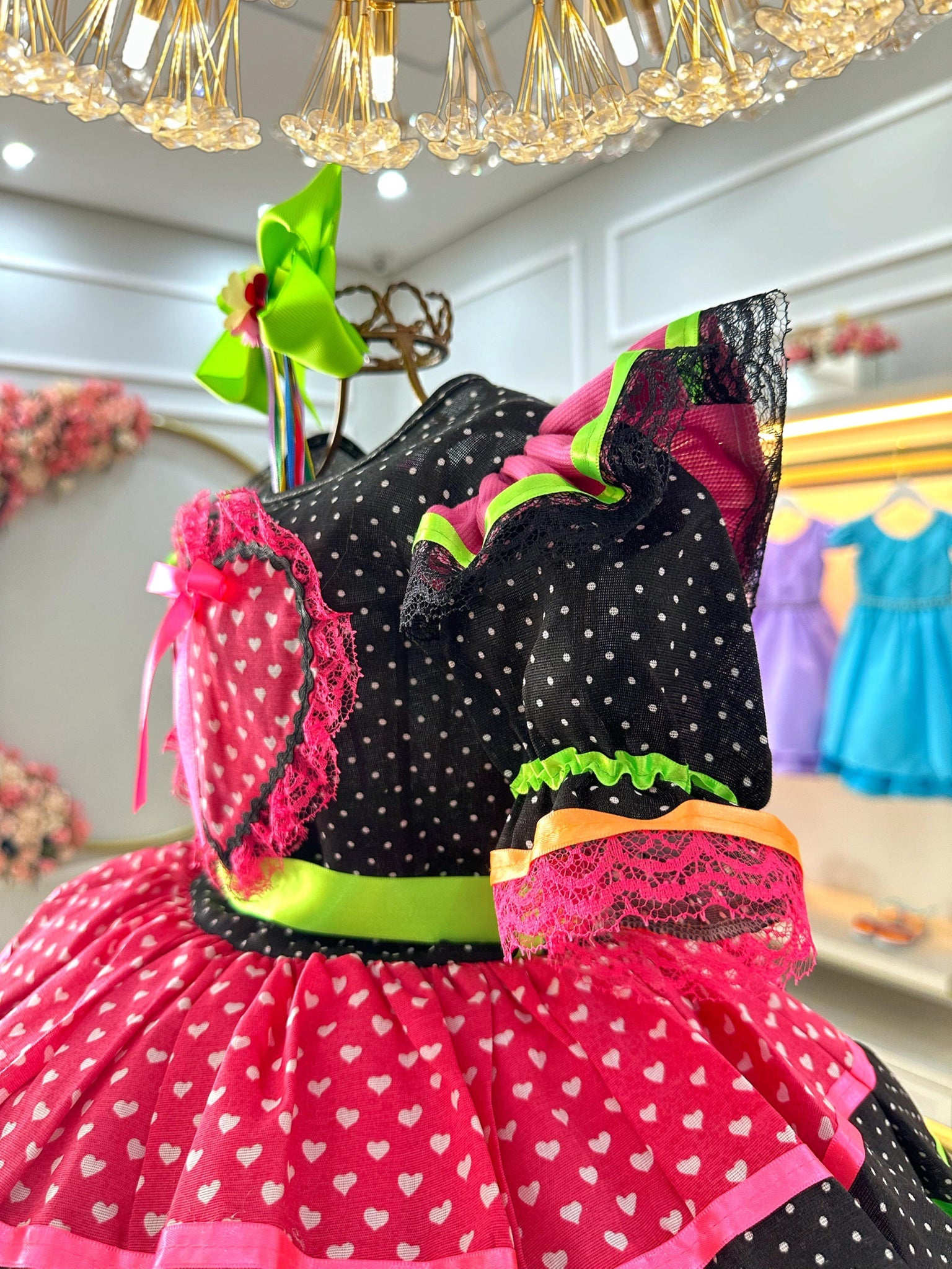 Vestido Infantil Junino Preto Colorido C/ Babados Luxo
