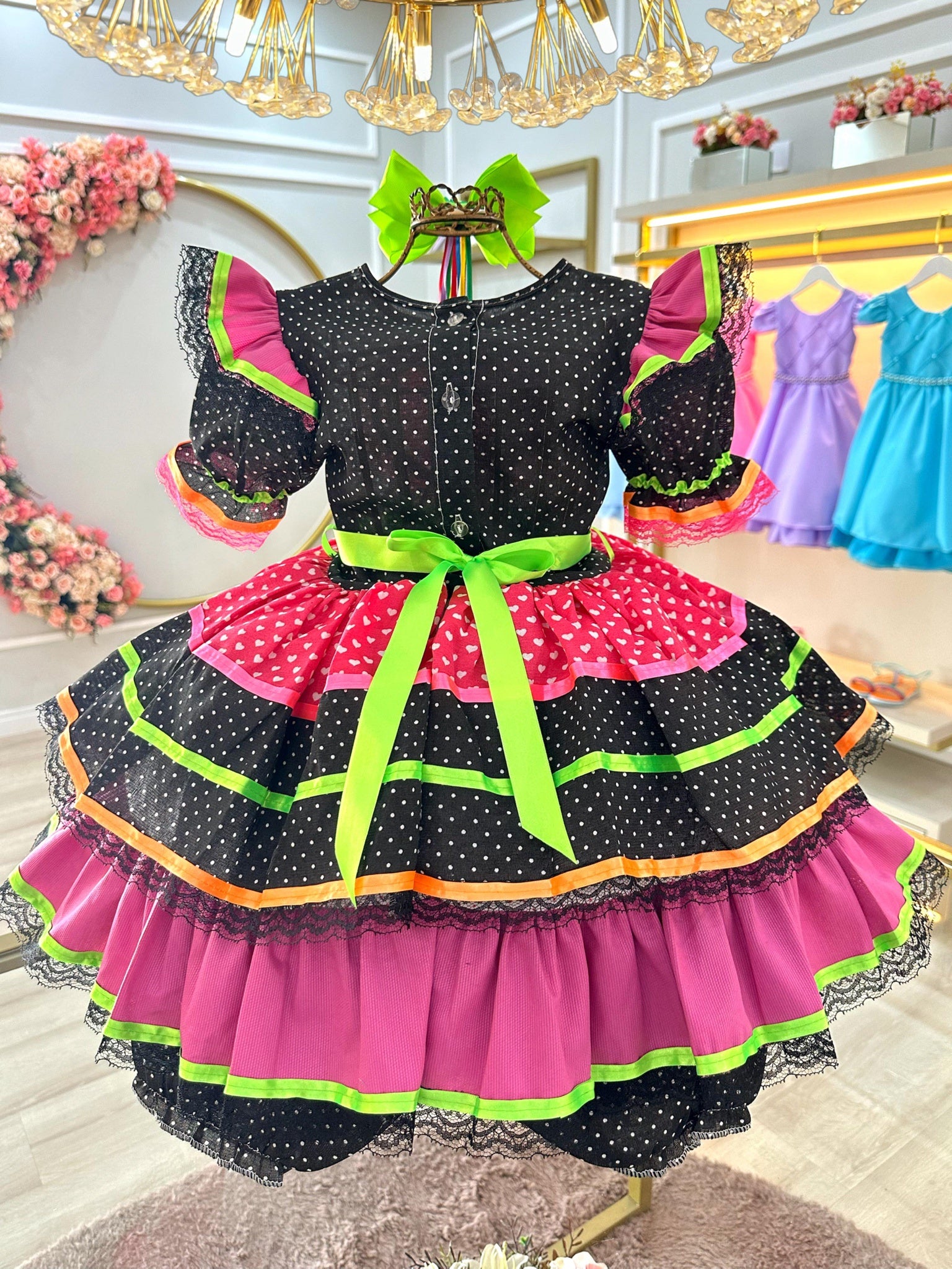 Vestido Infantil Junino Preto Colorido C/ Babados Luxo