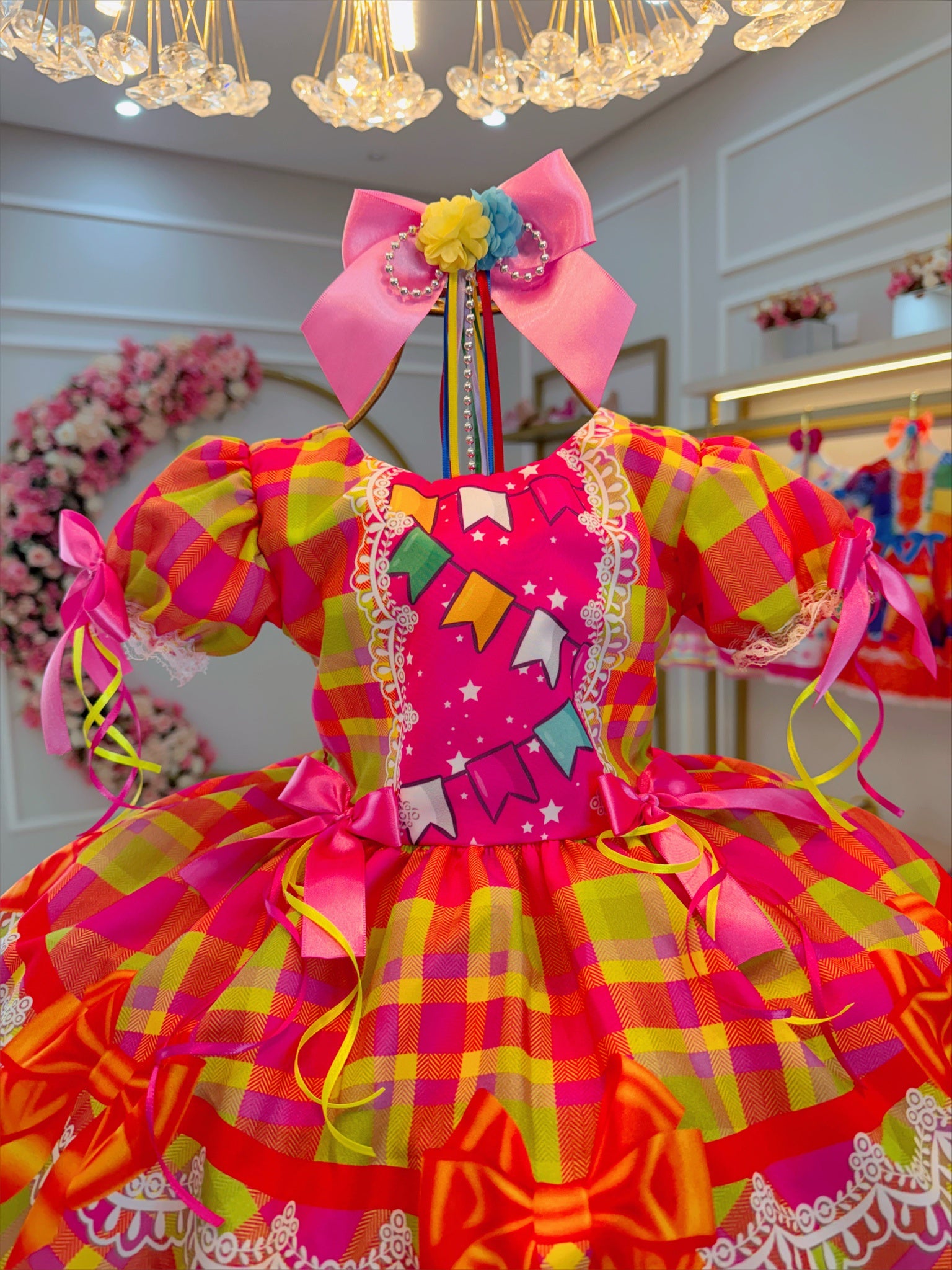 Vestido Infantil Junino Rosa Chiclete Xadrez Colorido Luxo