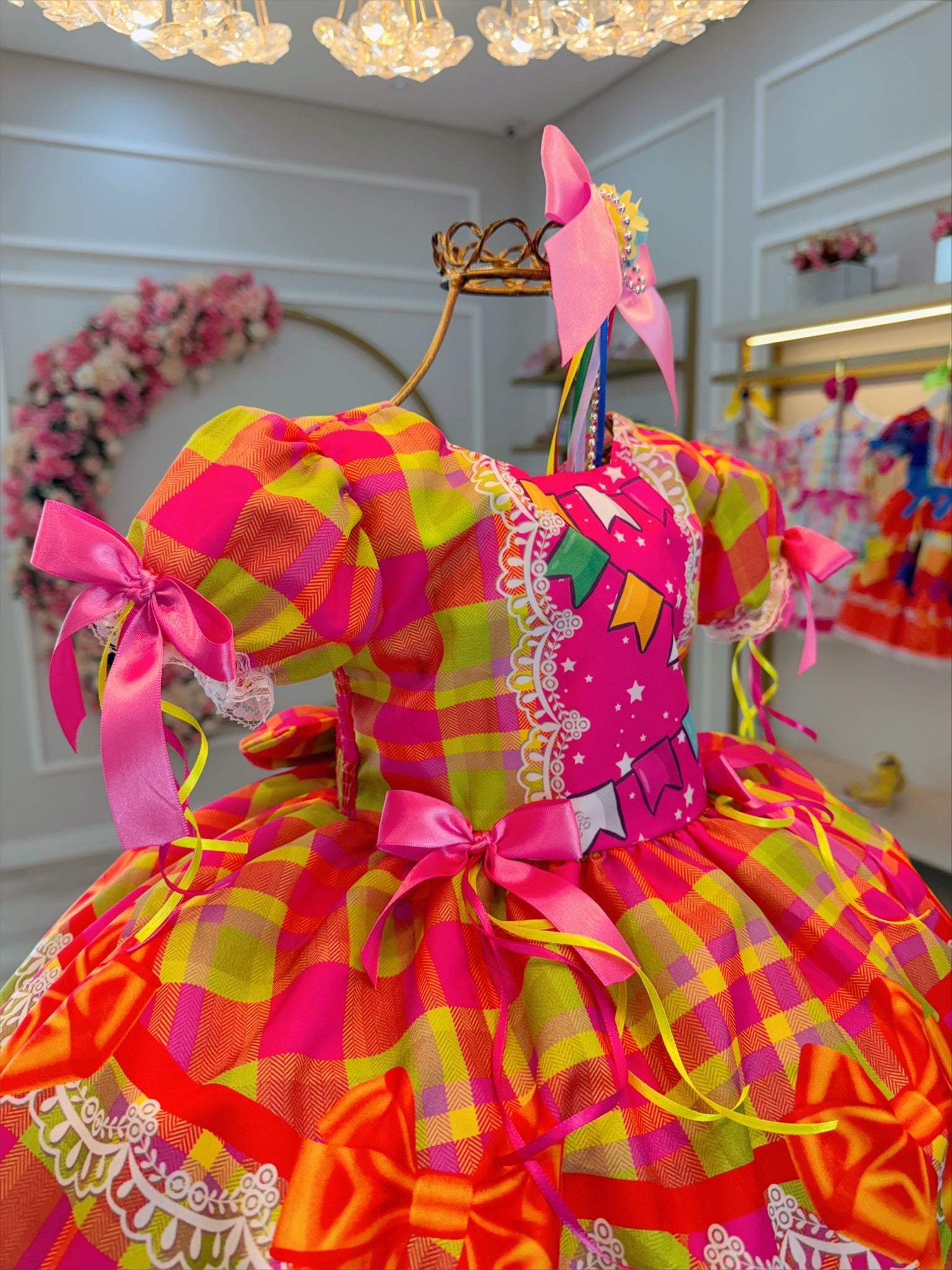Vestido Infantil Junino Rosa Chiclete Xadrez Colorido Luxo