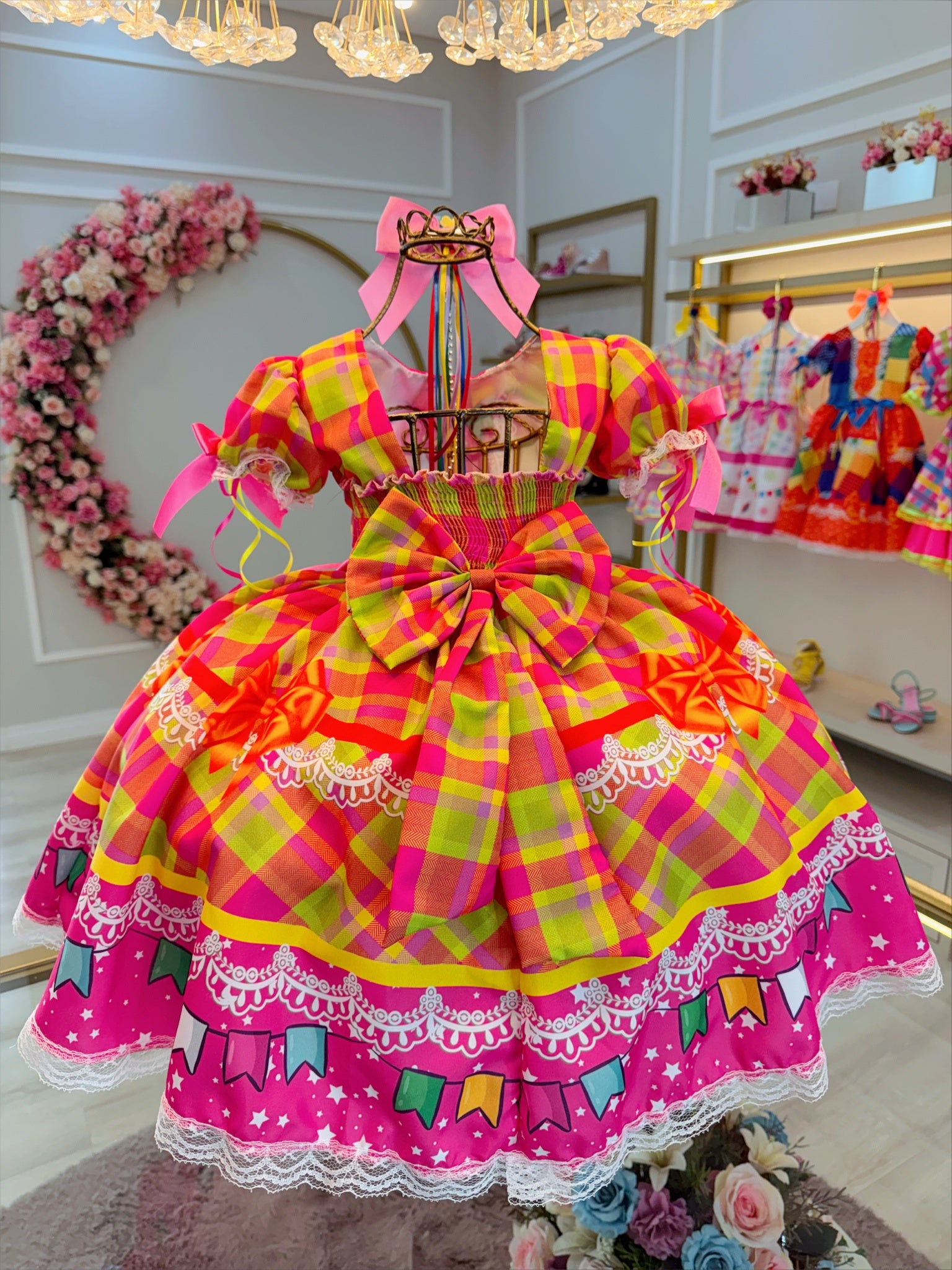 Vestido Infantil Junino Rosa Chiclete Xadrez Colorido Luxo