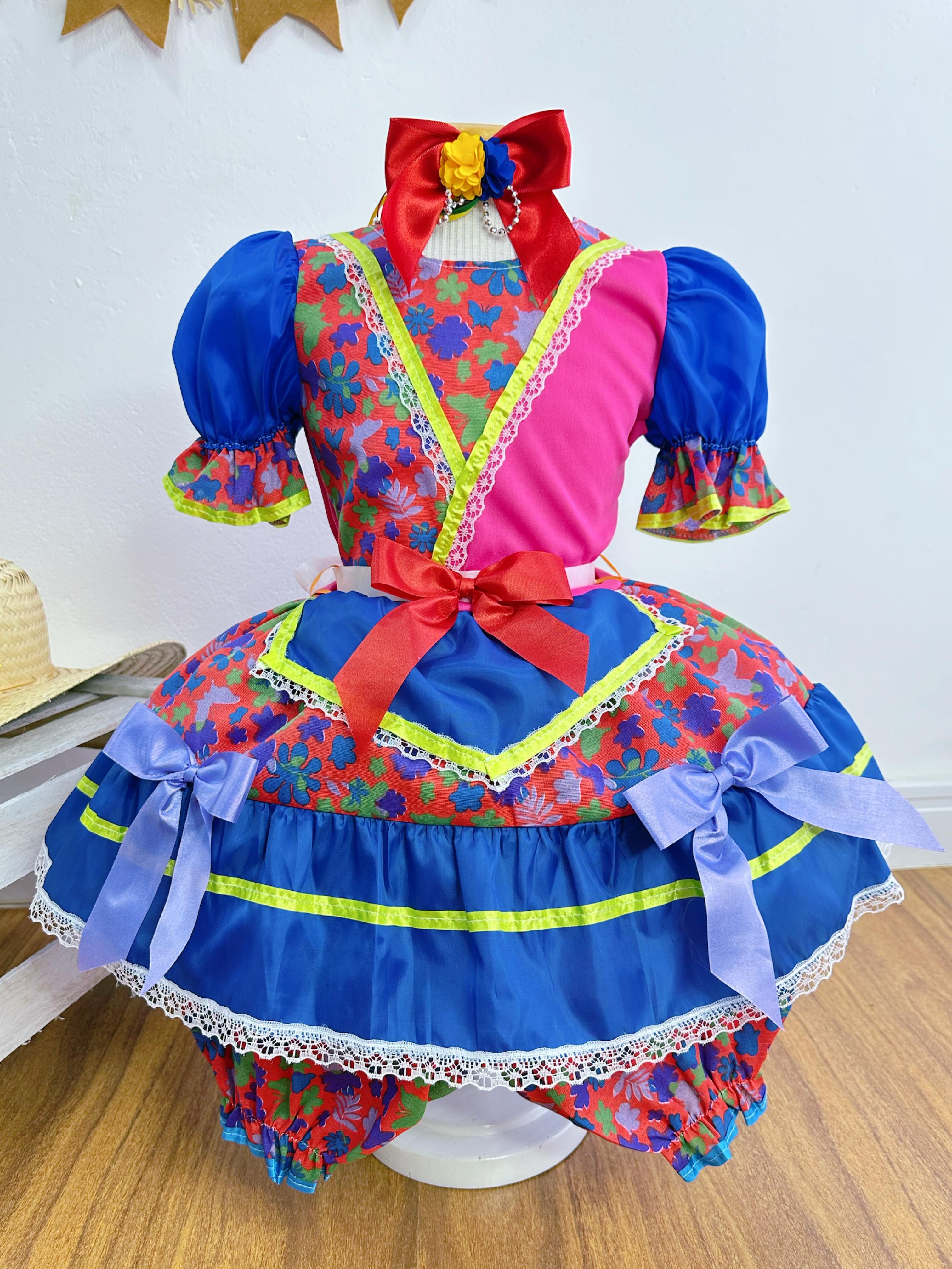 Vestido Infantil Junino Vermelho e Rosa Com Flores Coloridas